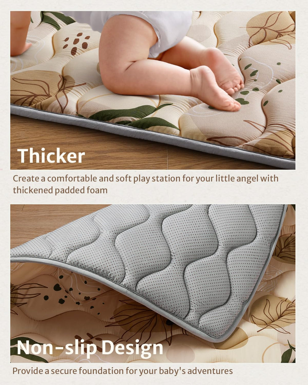 Tropical leaf design and earth tones complement modern nurseries.