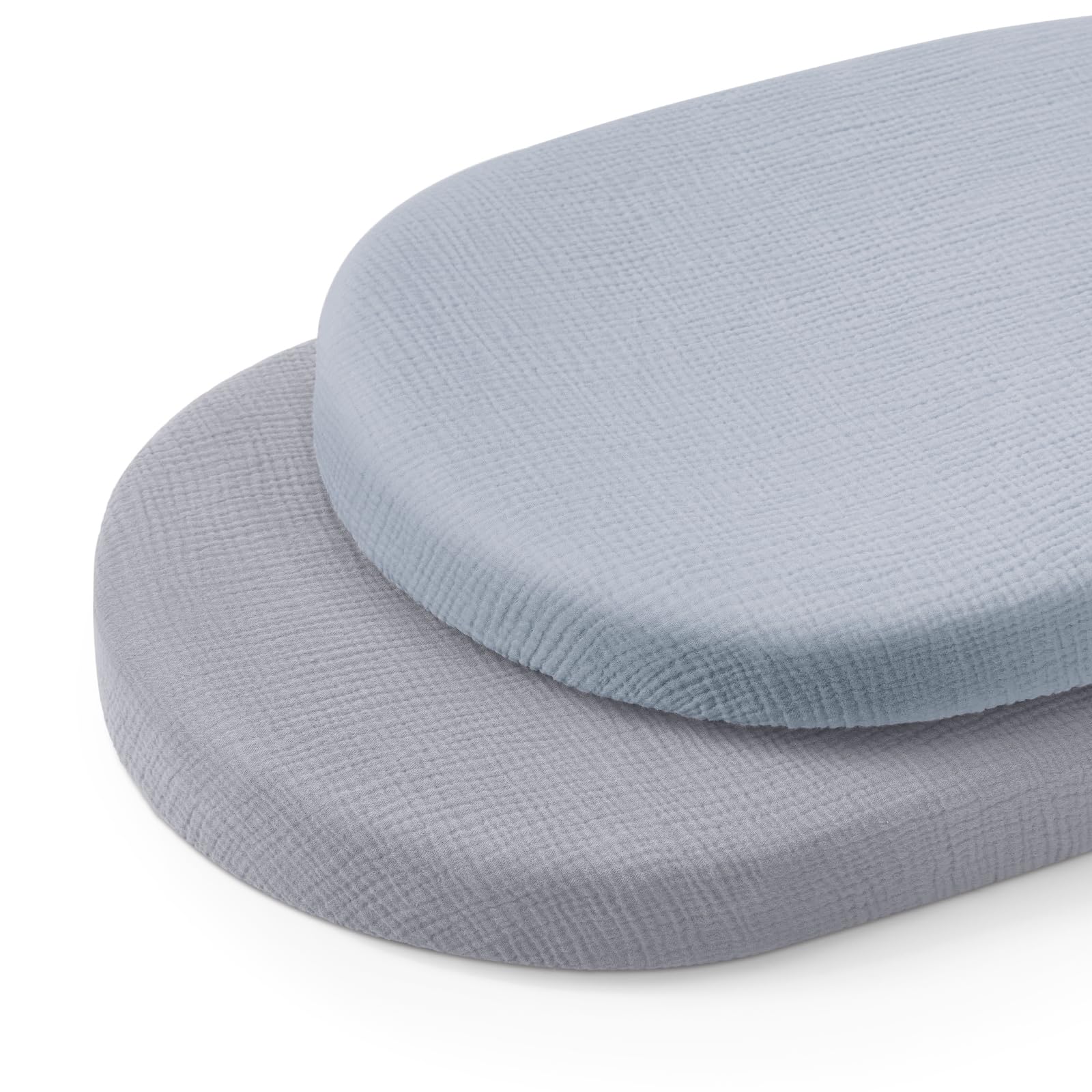 Blissful Diary bassinet sheets in light blue muslin offering breathable comfort for delicate baby skin
