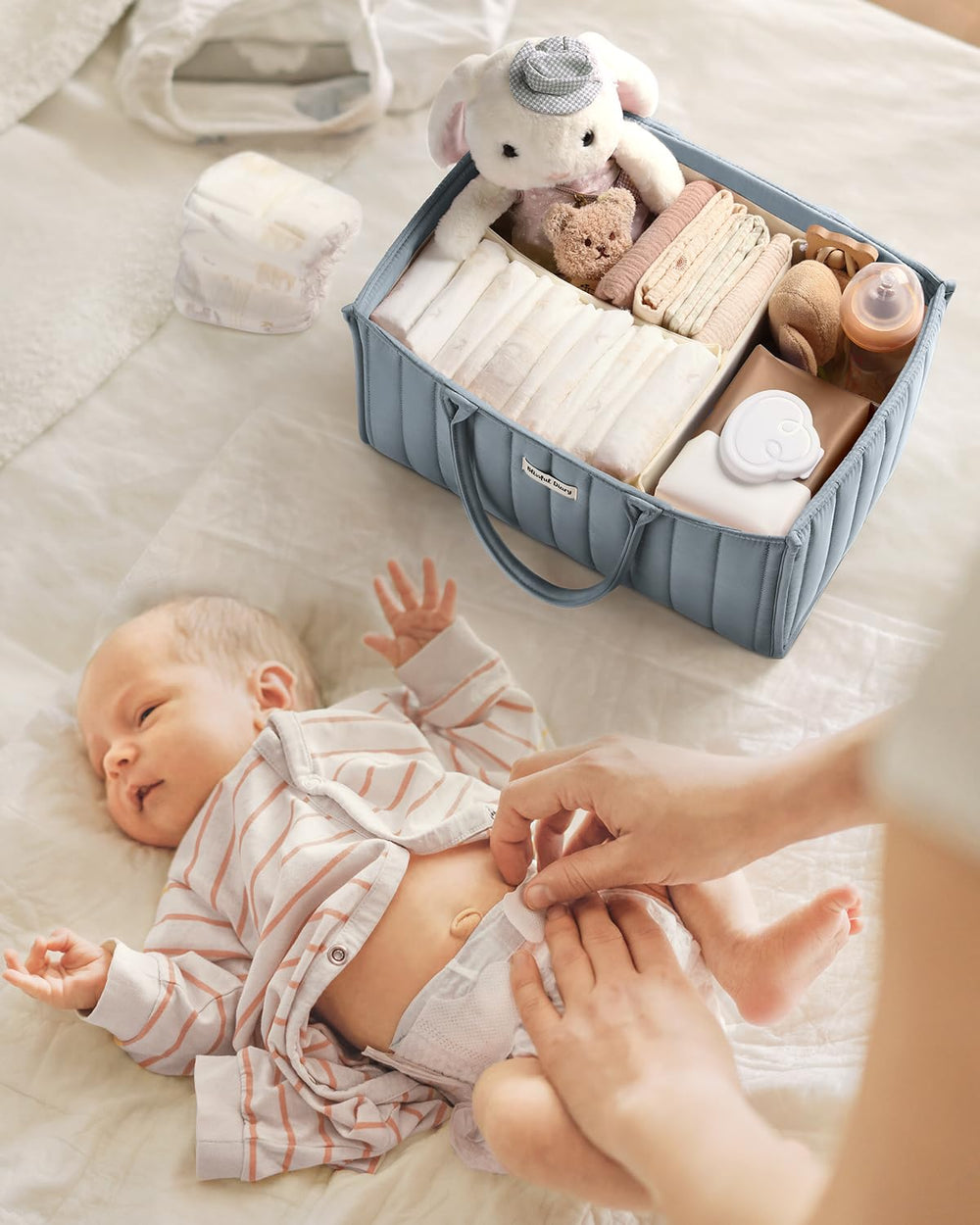 Blissful Diary blue nursery organizer complements registry and modern decor.
