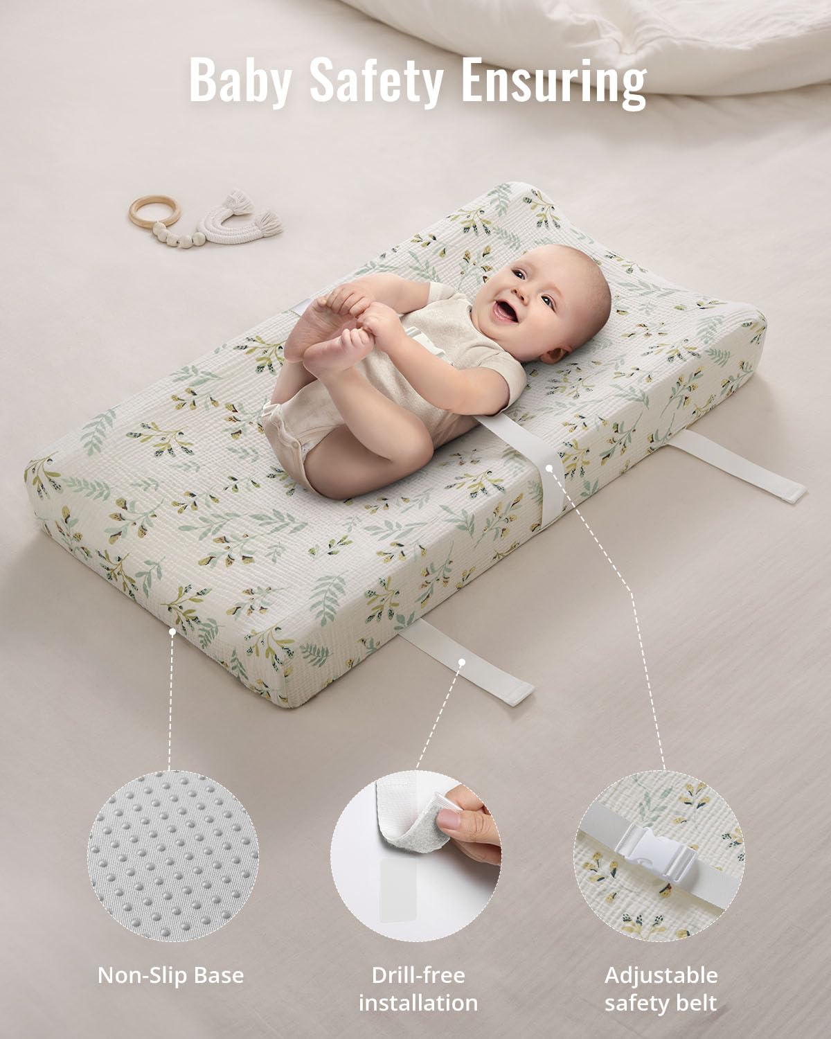 Blissful Diary adhesive straps and non-slip bottom stabilize the pad on a dresser