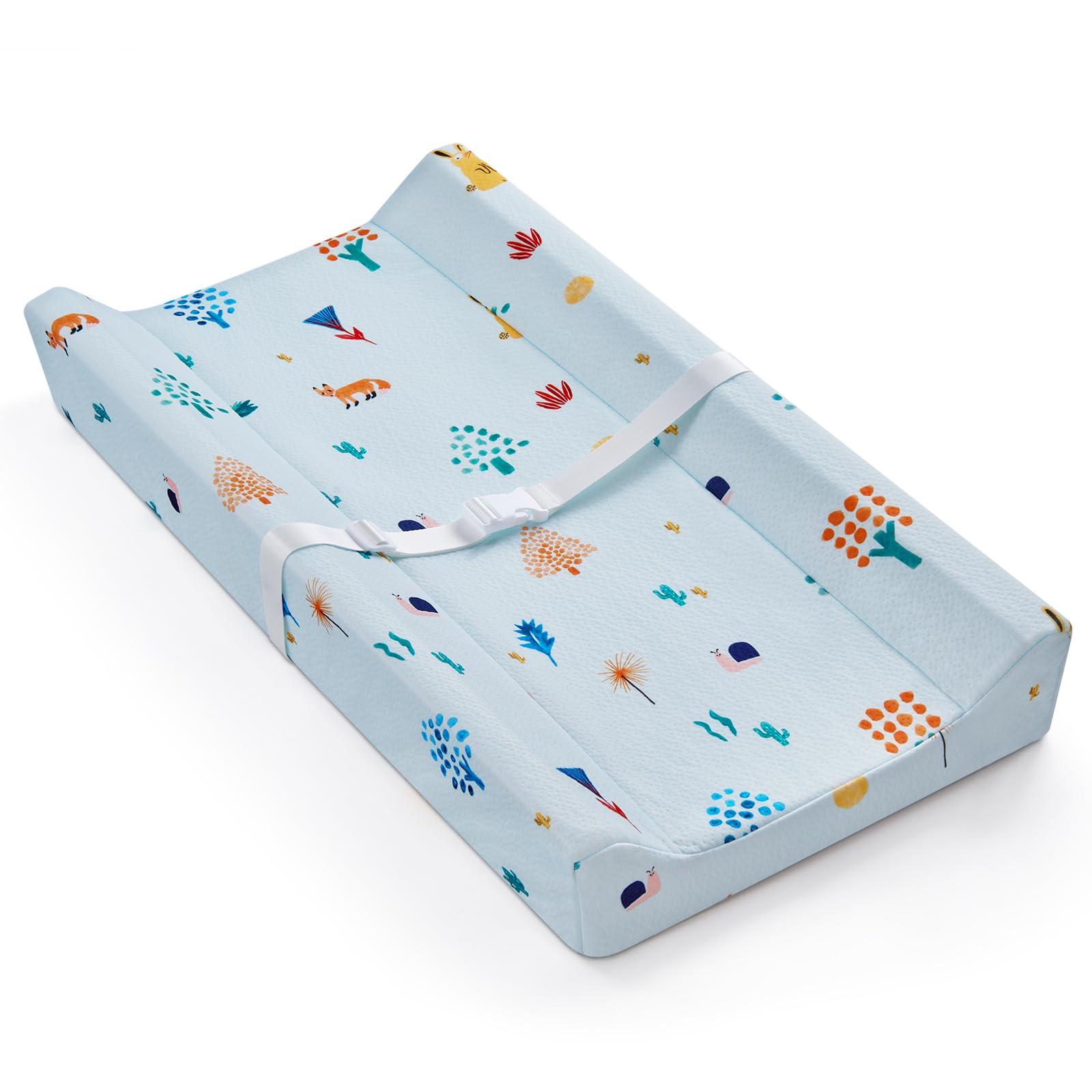 Blissful Diary changing pad blue top offers a secure, comfortable changing surface.