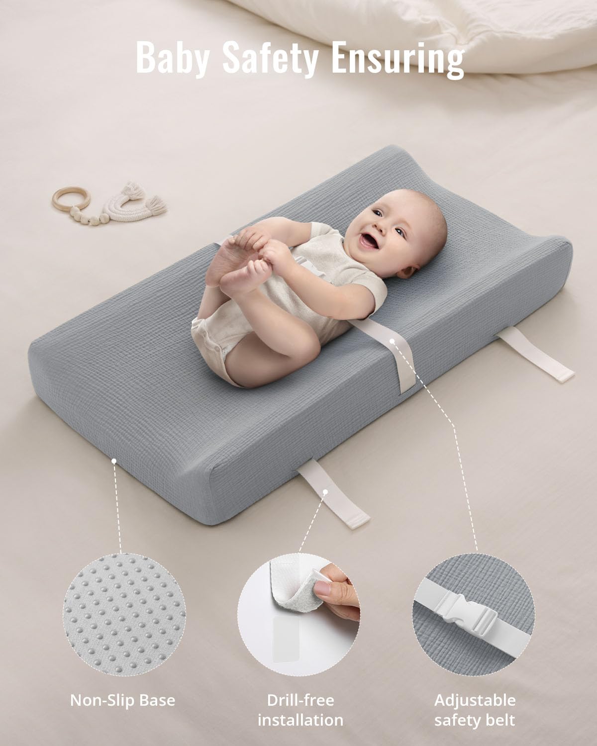 Blissful Diary changing pad measures 31.25 inches long by 16 inches wide for dresser fit