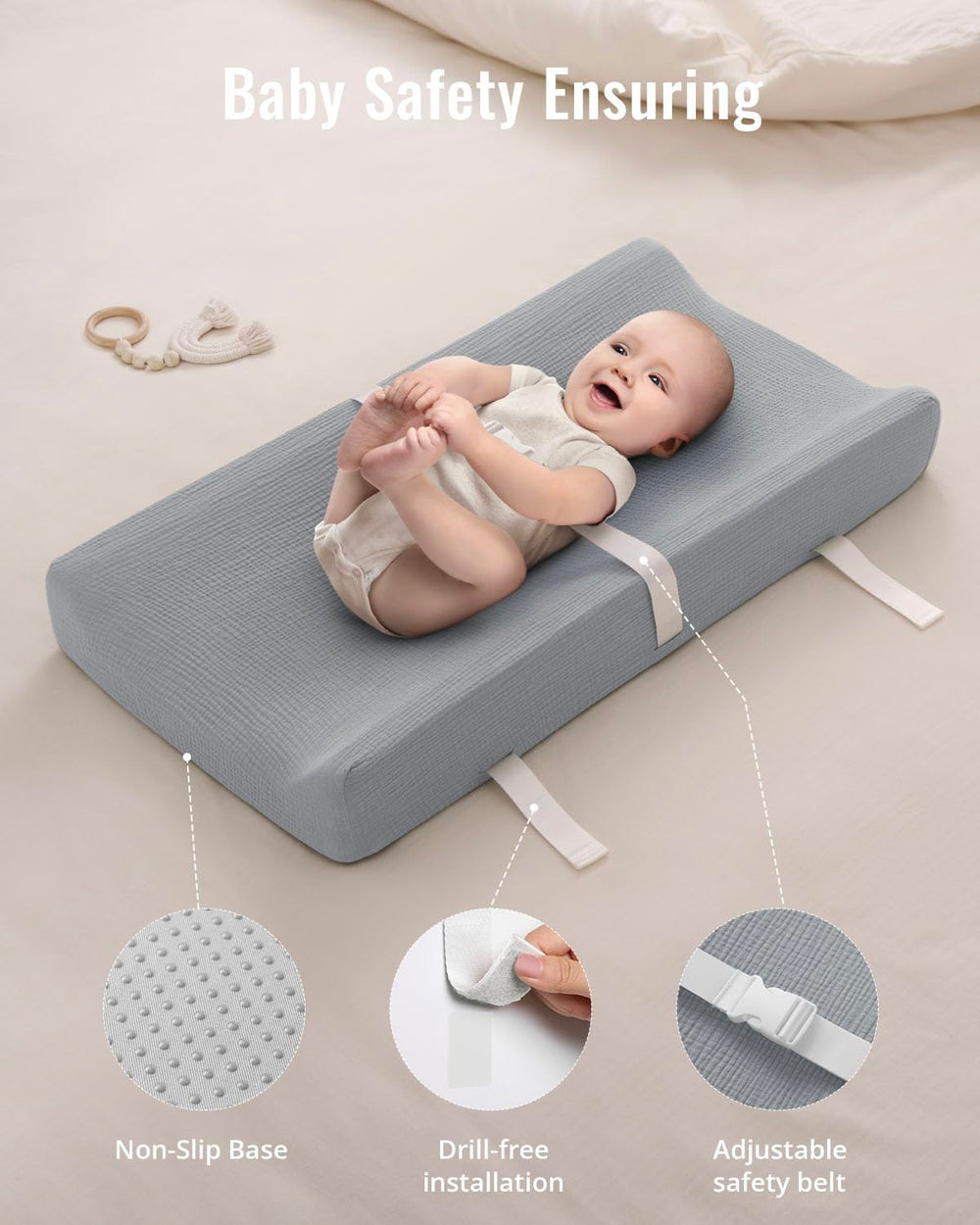 Blissful Diary changing pad measures 31.25 inches long by 16 inches wide for dresser fit