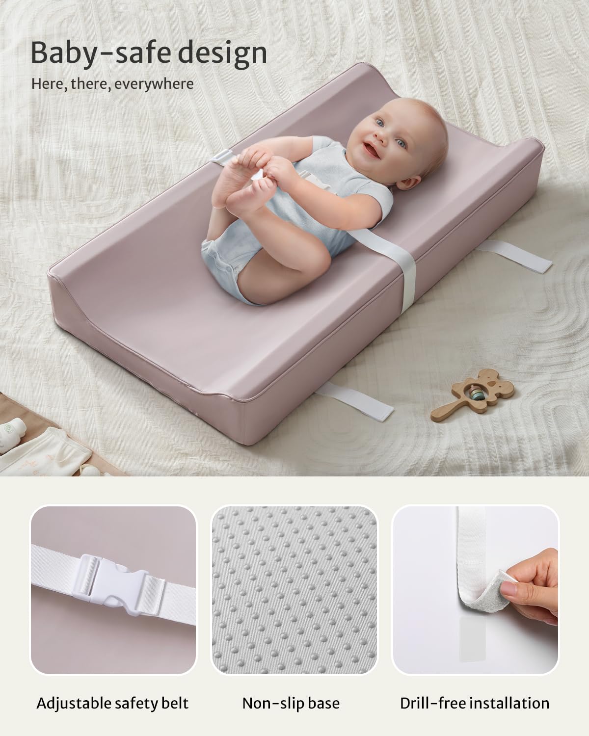 Vegan leather pad is PVC-free with contoured anti-roll sides for security.