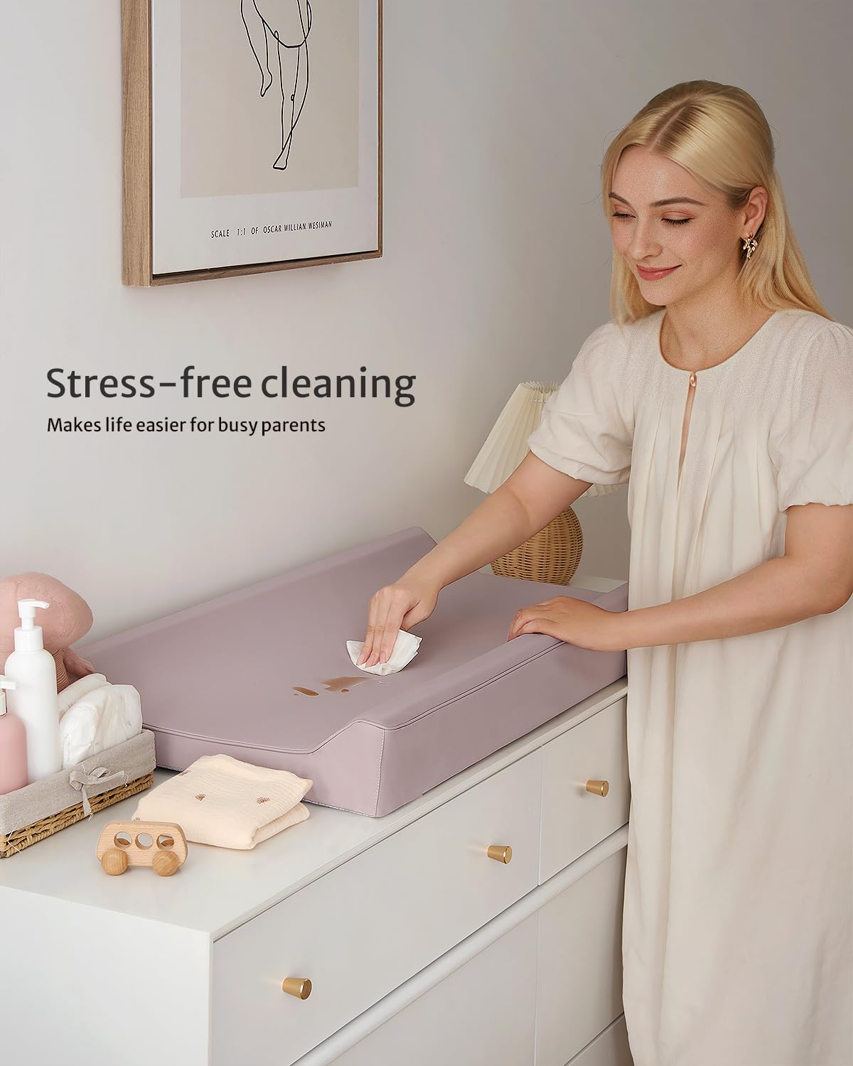 Standard size Blissful Diary changing pad fits most dressers and tables.
