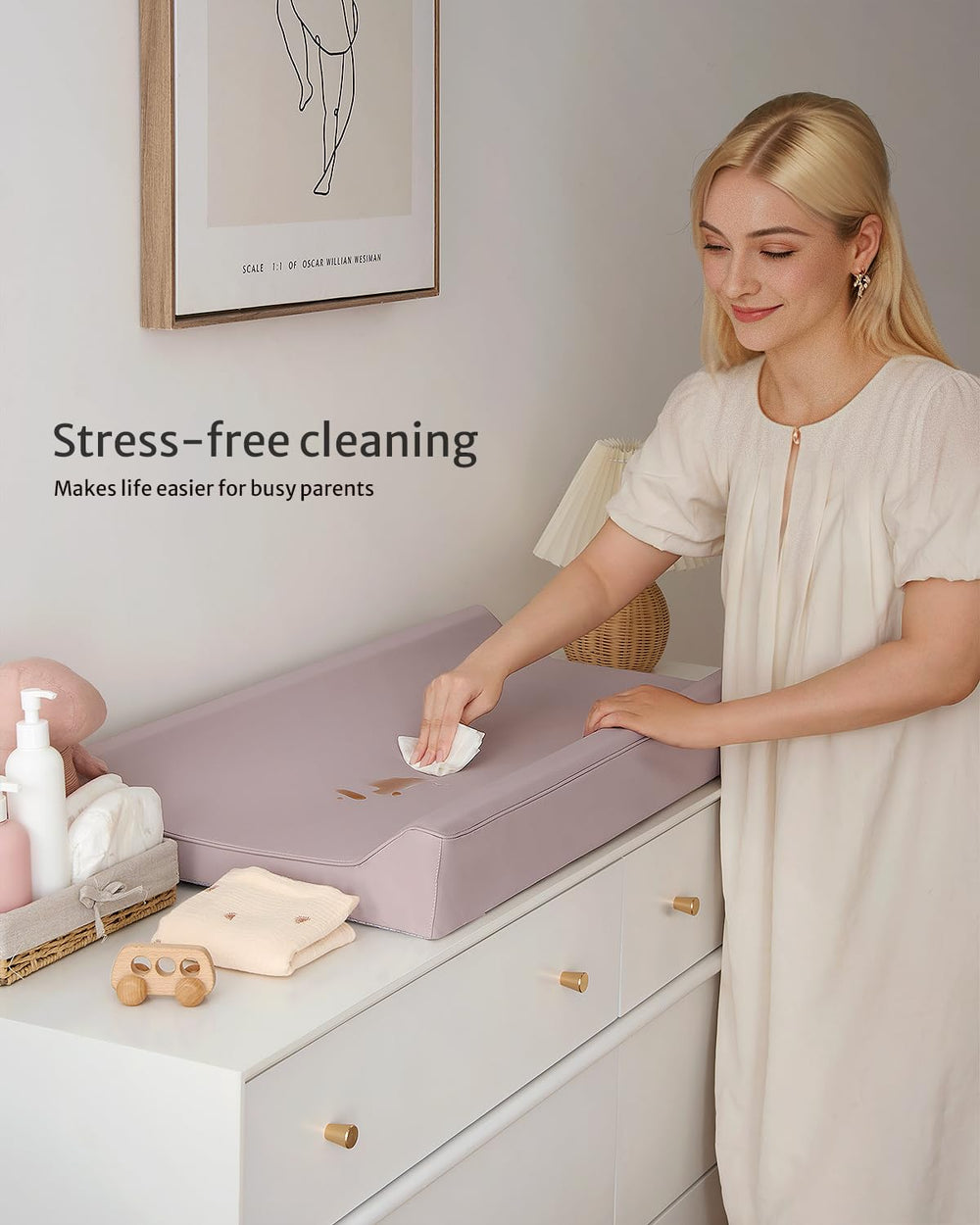 Standard size Blissful Diary changing pad fits most dressers and tables.