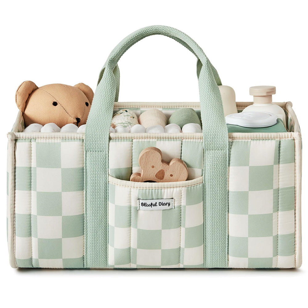 Blissful Diary checkered diaper caddy with sage green fabric for organized diaper changes.