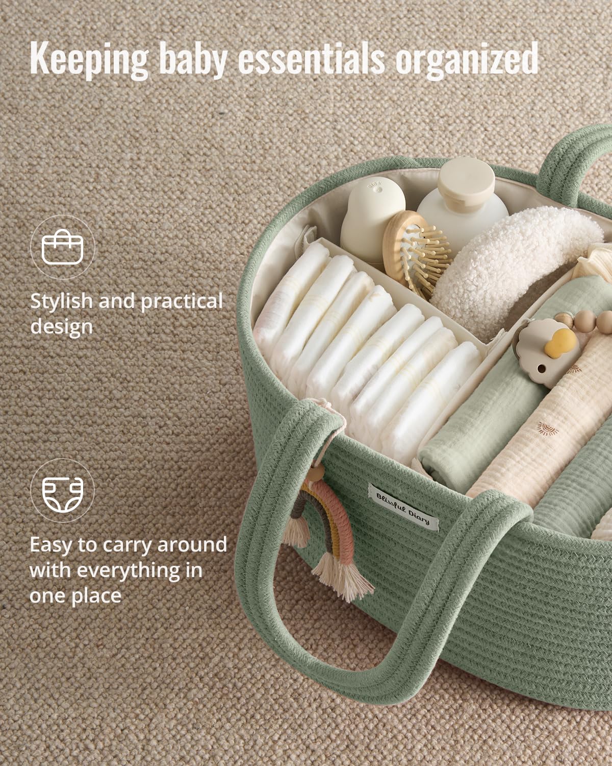 Blissful Diary cotton rope diaper organizer highlighting easy reach and stylish storage