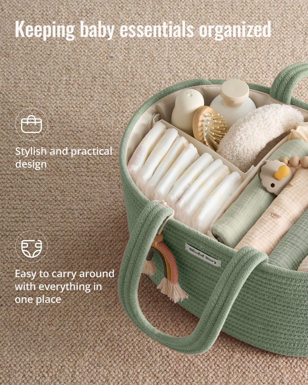 Blissful Diary cotton rope diaper organizer highlighting easy reach and stylish storage