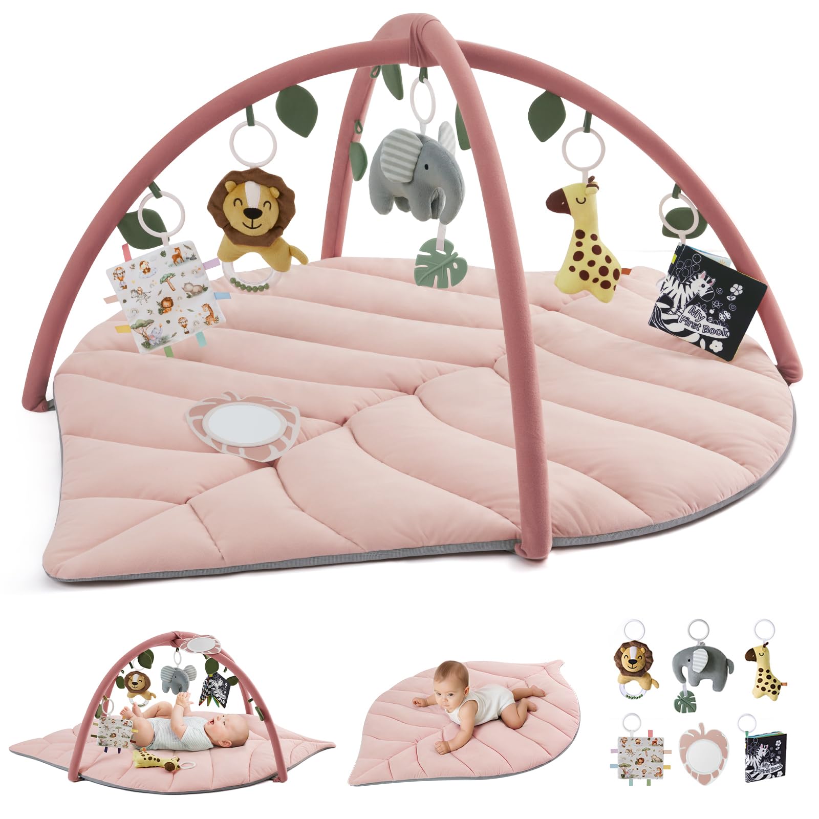 Blissful Diary crystal pink leaf-shaped play gym for tummy time and sensory exploration.
