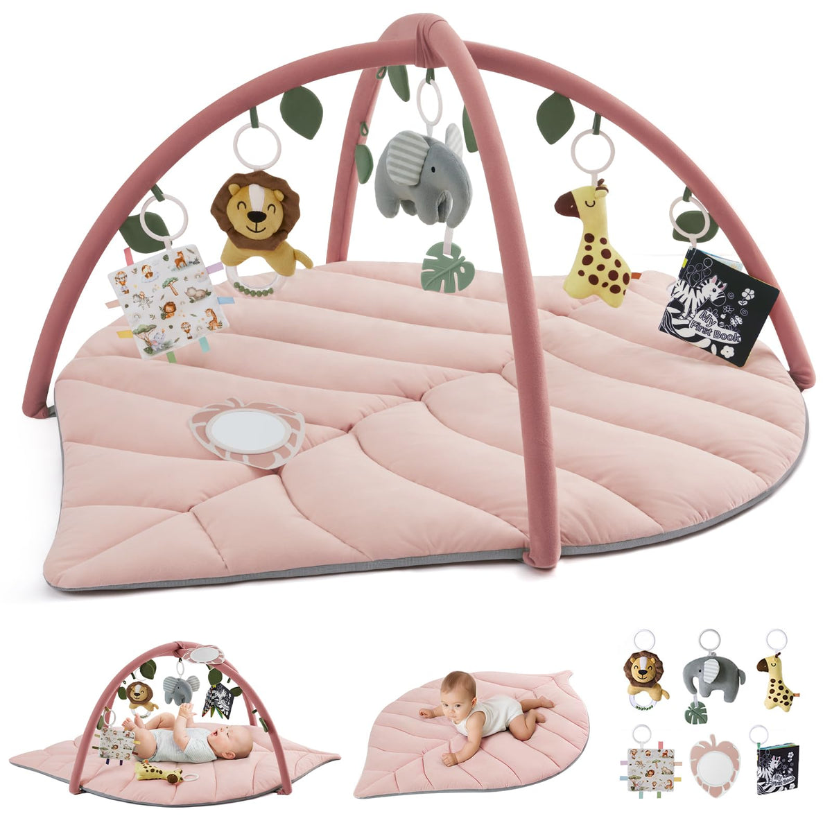 Blissful Diary crystal pink leaf-shaped play gym for tummy time and sensory exploration.