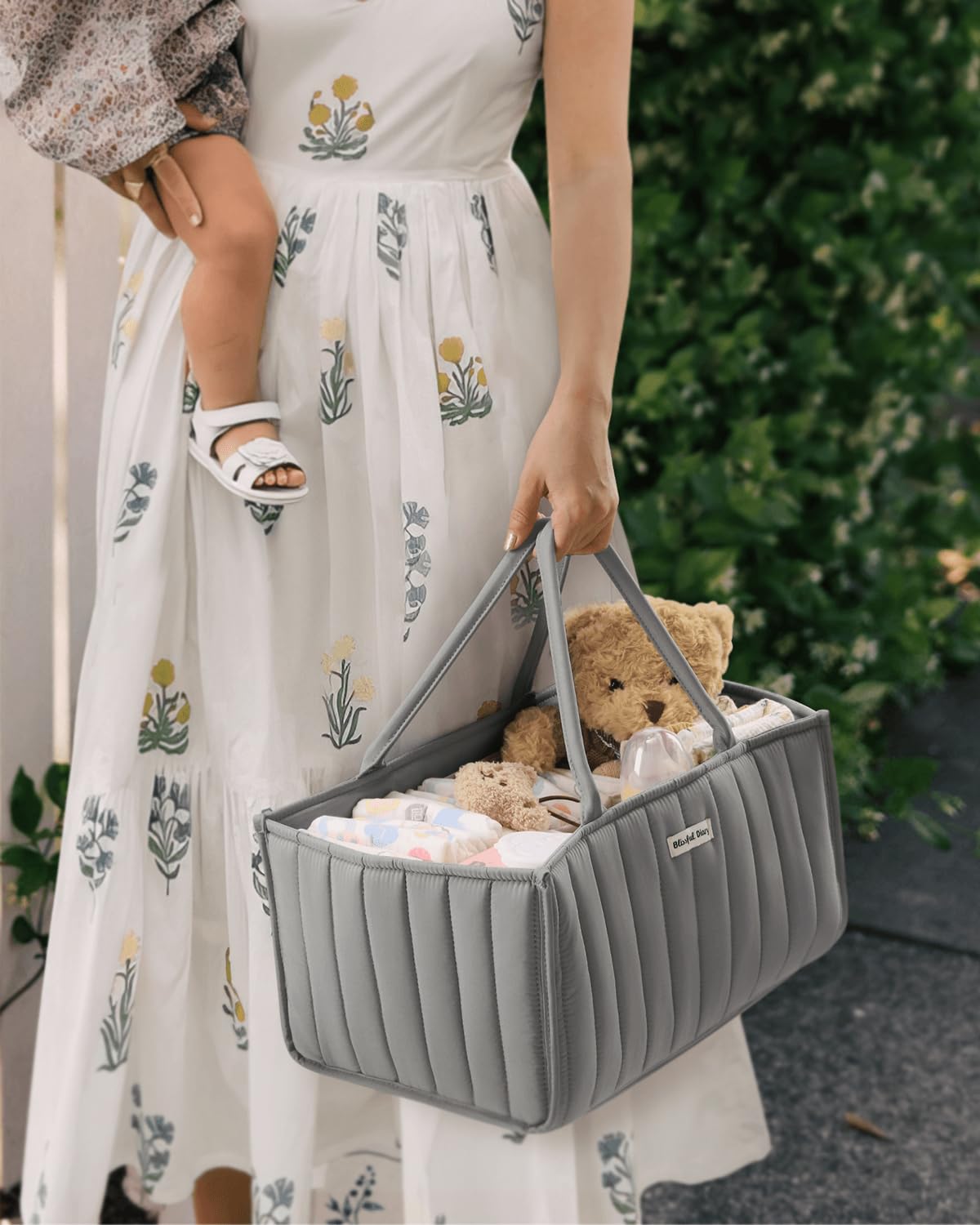 Blissful Diary diaper caddy car-organizer keeps diapers and wipes organized on trips.