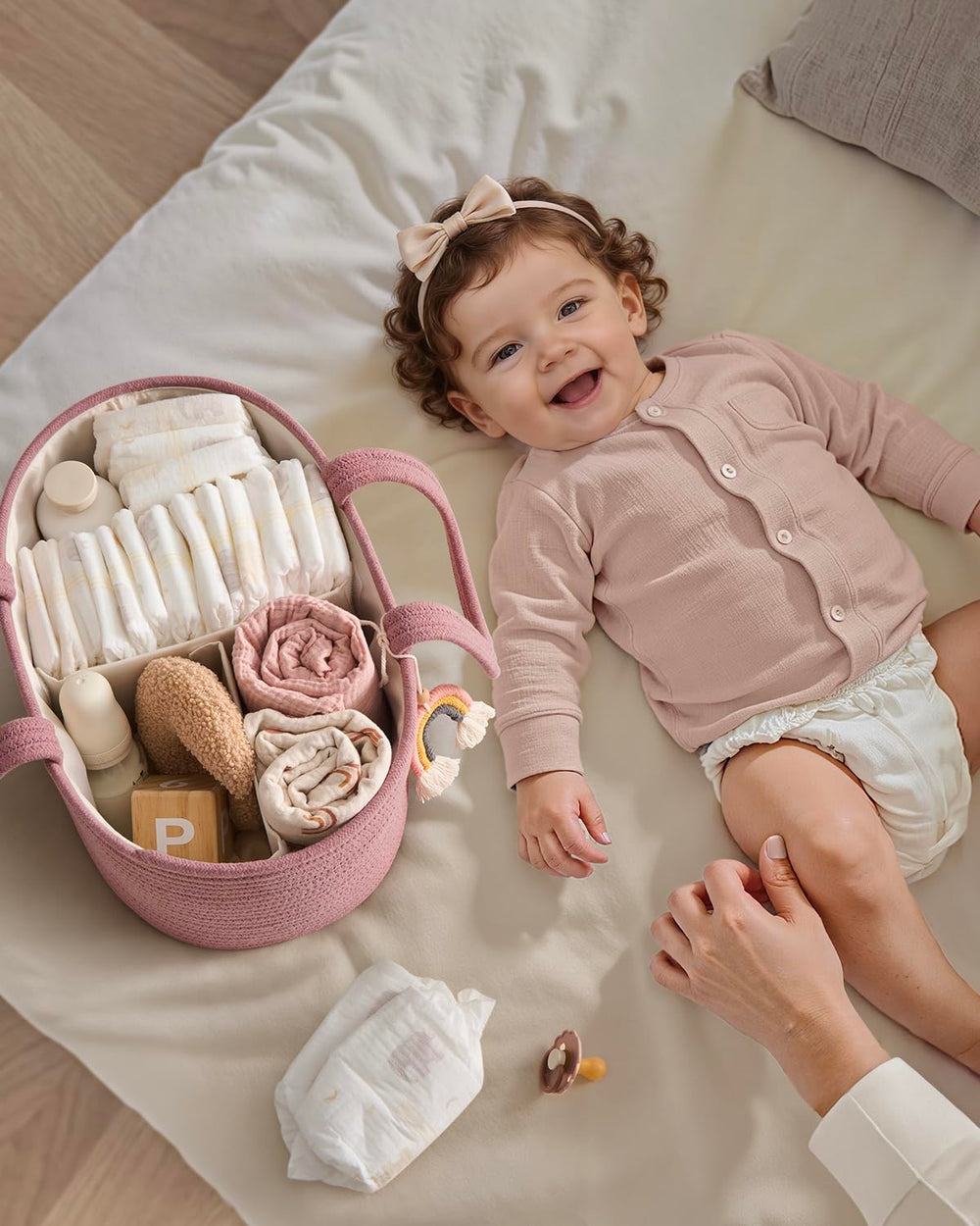 Blissful Diary diaper caddy with removable dividers for flexible storage.