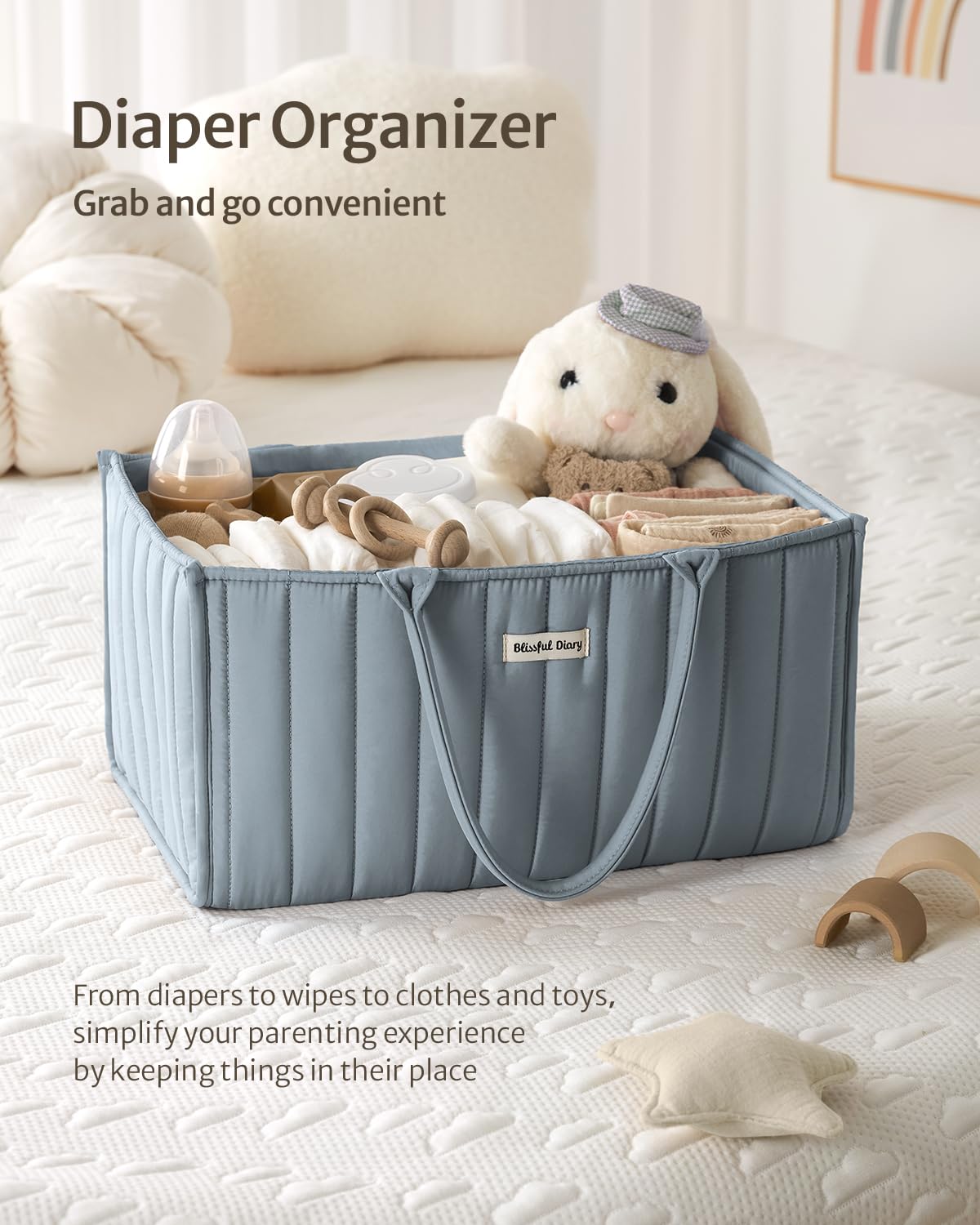Blissful Diary diaper caddy with removable dividers adapts to changing needs.
