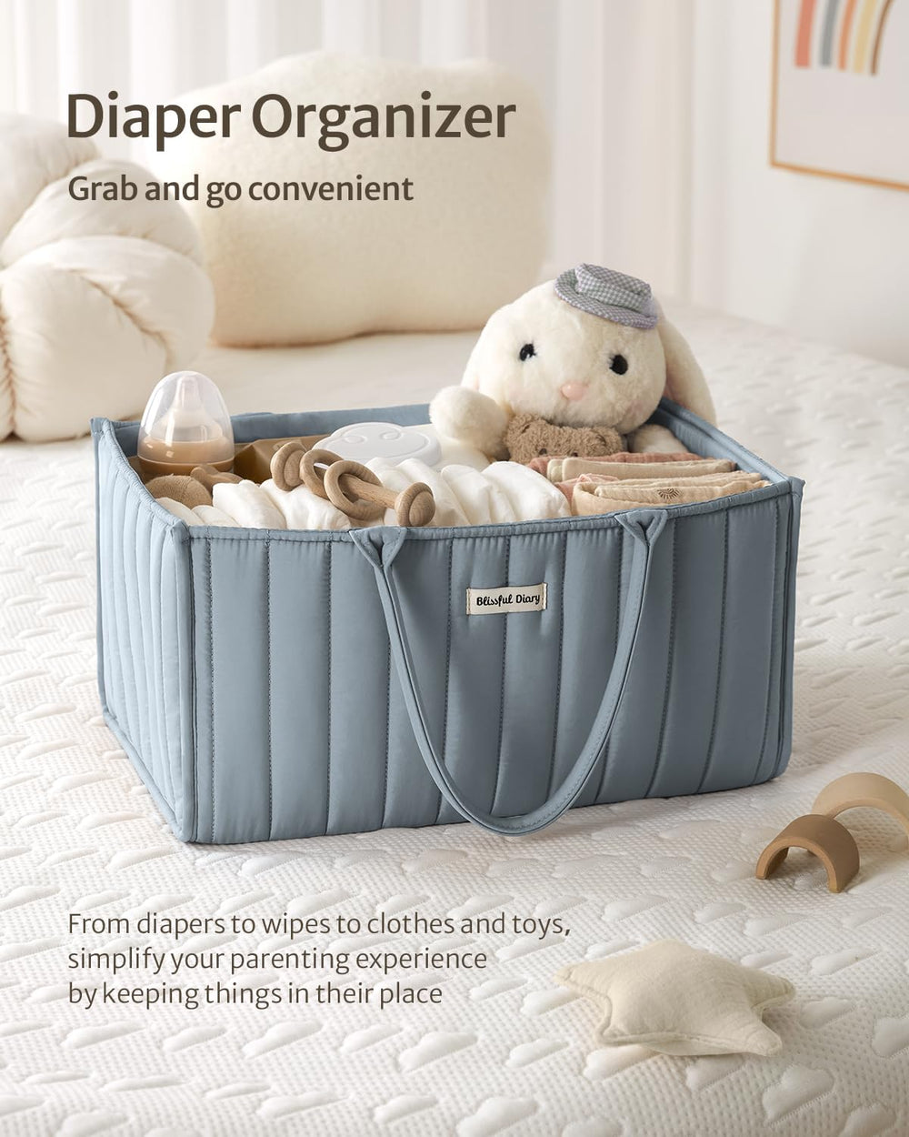 Blissful Diary diaper caddy with removable dividers adapts to changing needs.