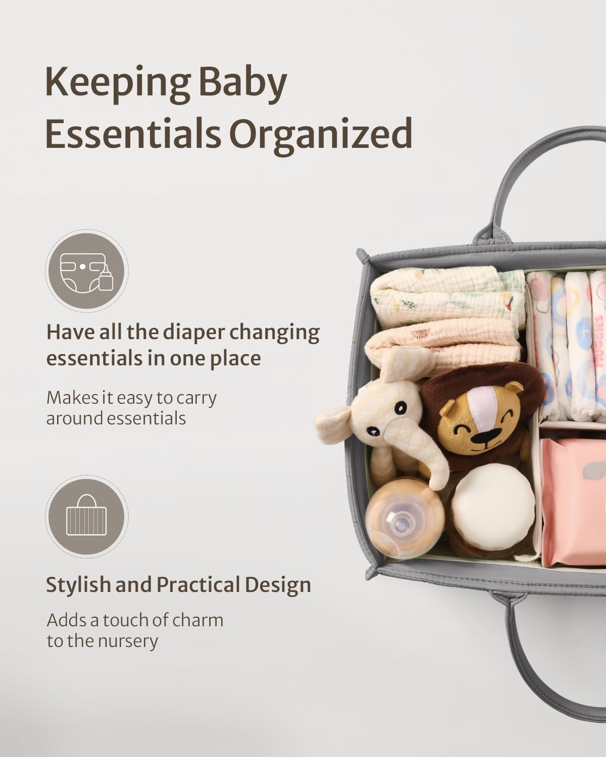 Blissful Diary diaper caddy with handles makes it easy to move supplies between rooms.