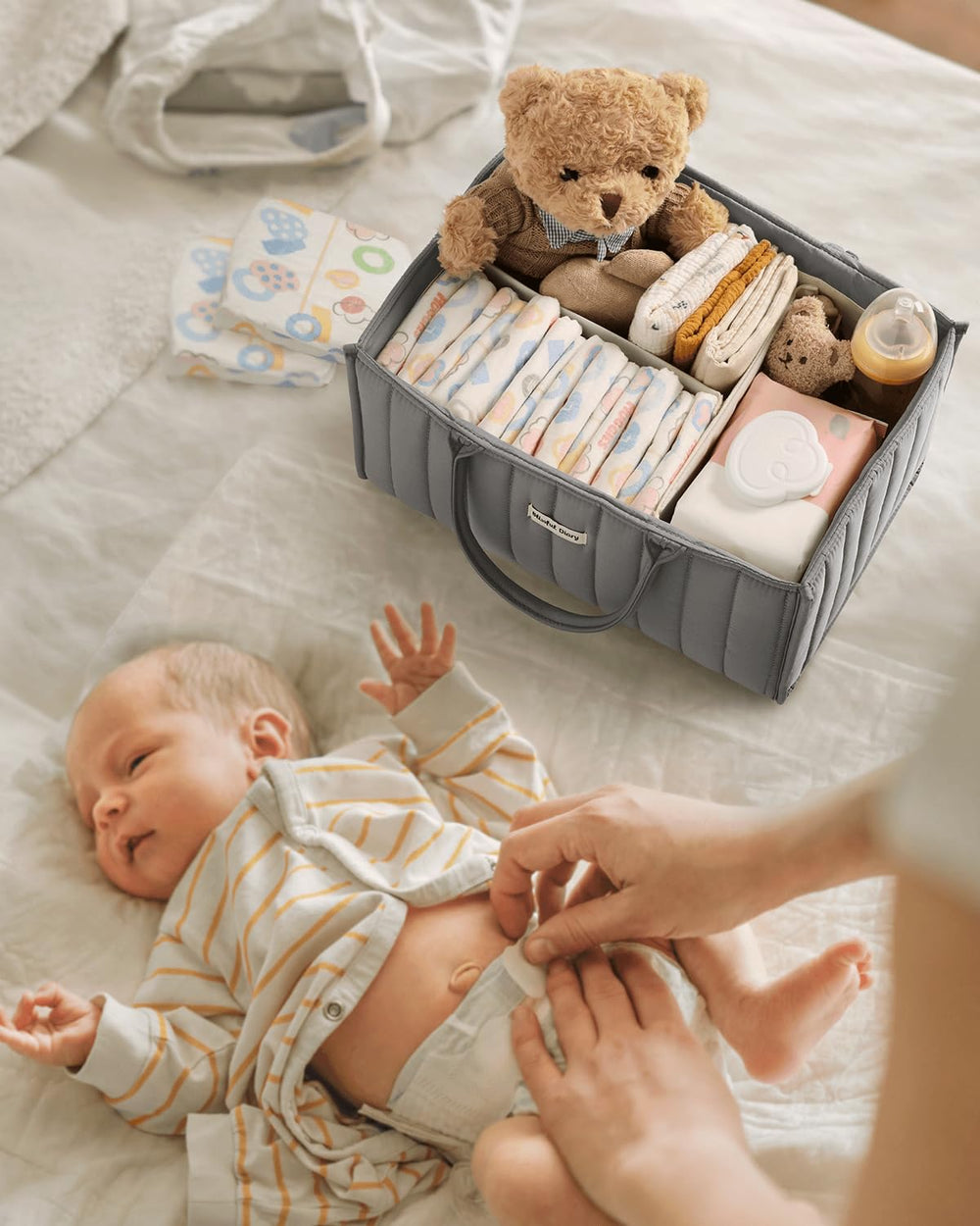Blissful Diary diaper caddy-light gray design adds style to changing stations.