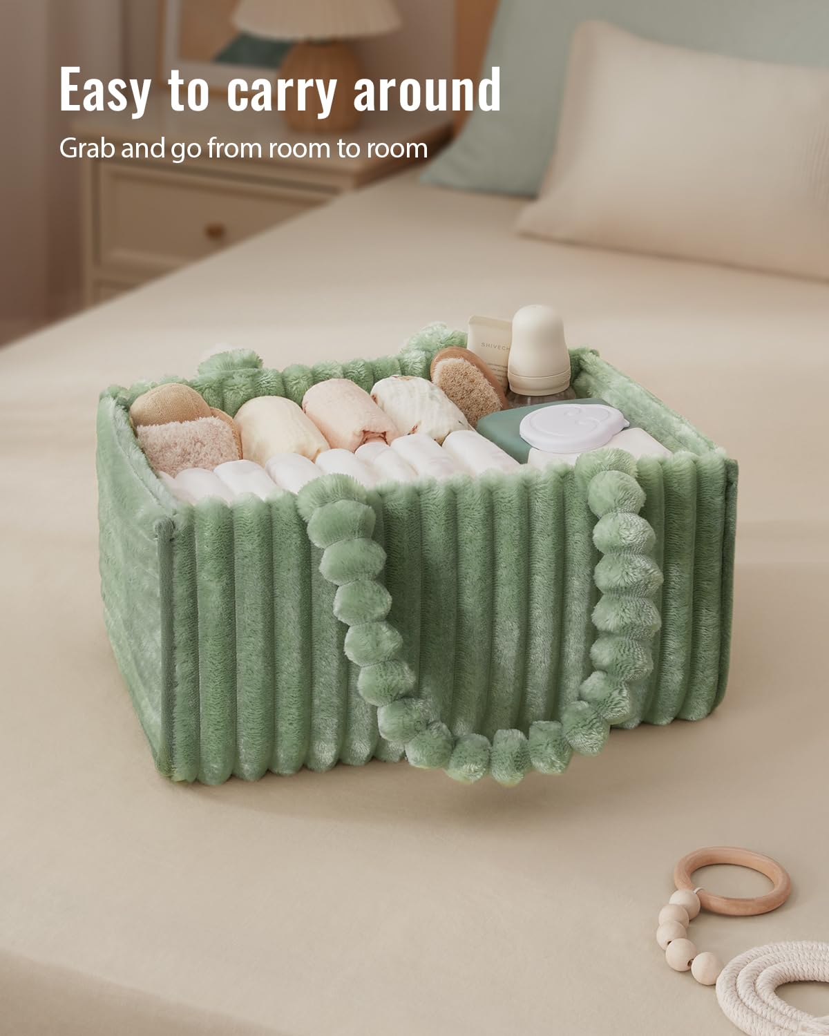 Blissful Diary caddy features long handles and removable dividers for customization.