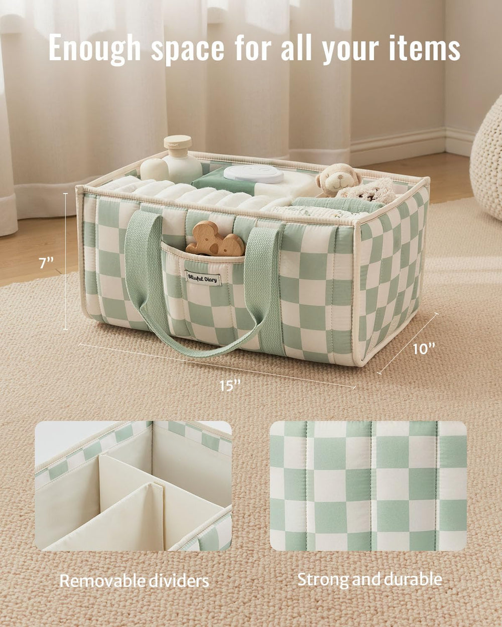 Blissful Diary diaper caddy featuring long handles for easy transport.