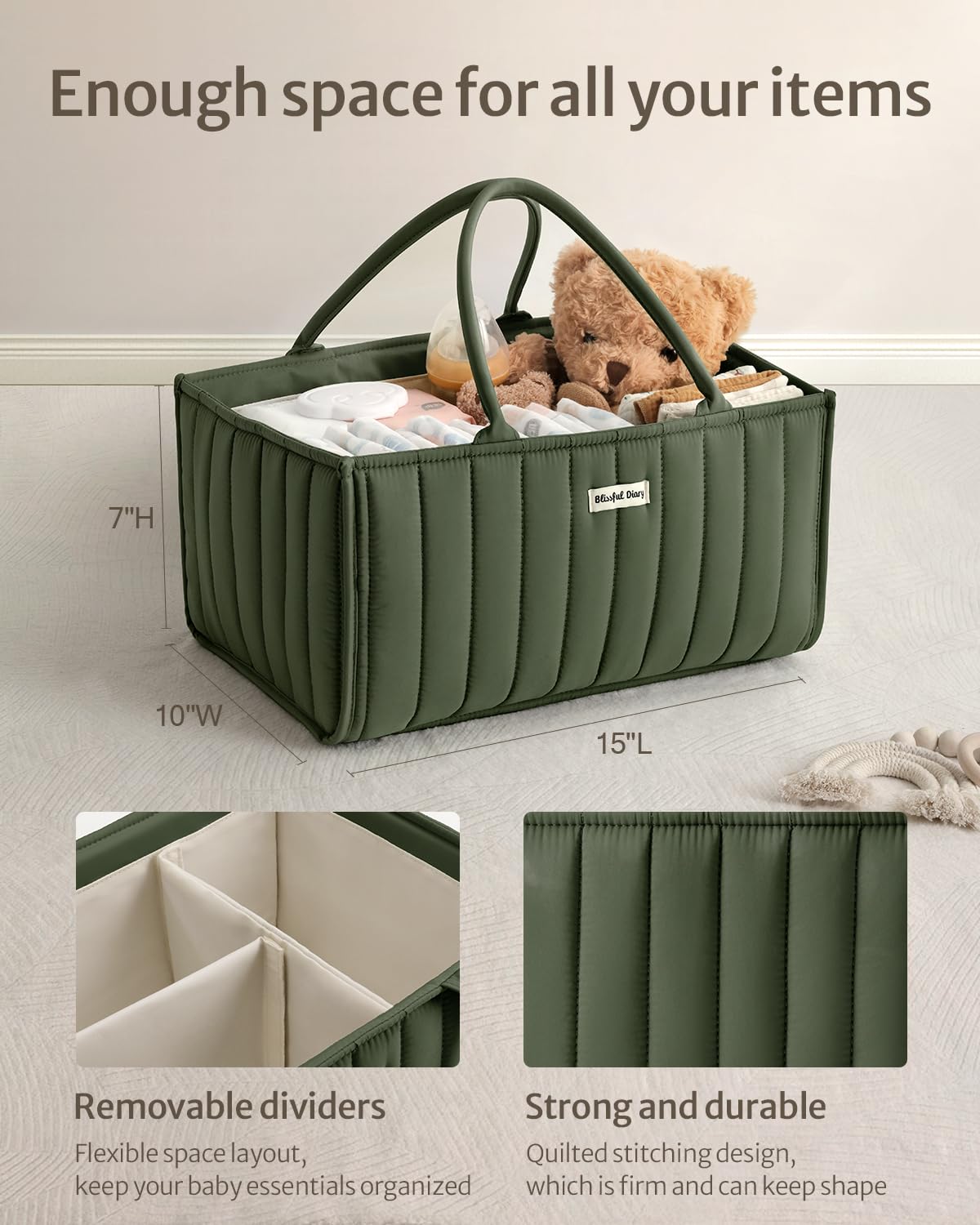 Stylish Blissful Diary diaper caddy adds a modern touch to the nursery design.