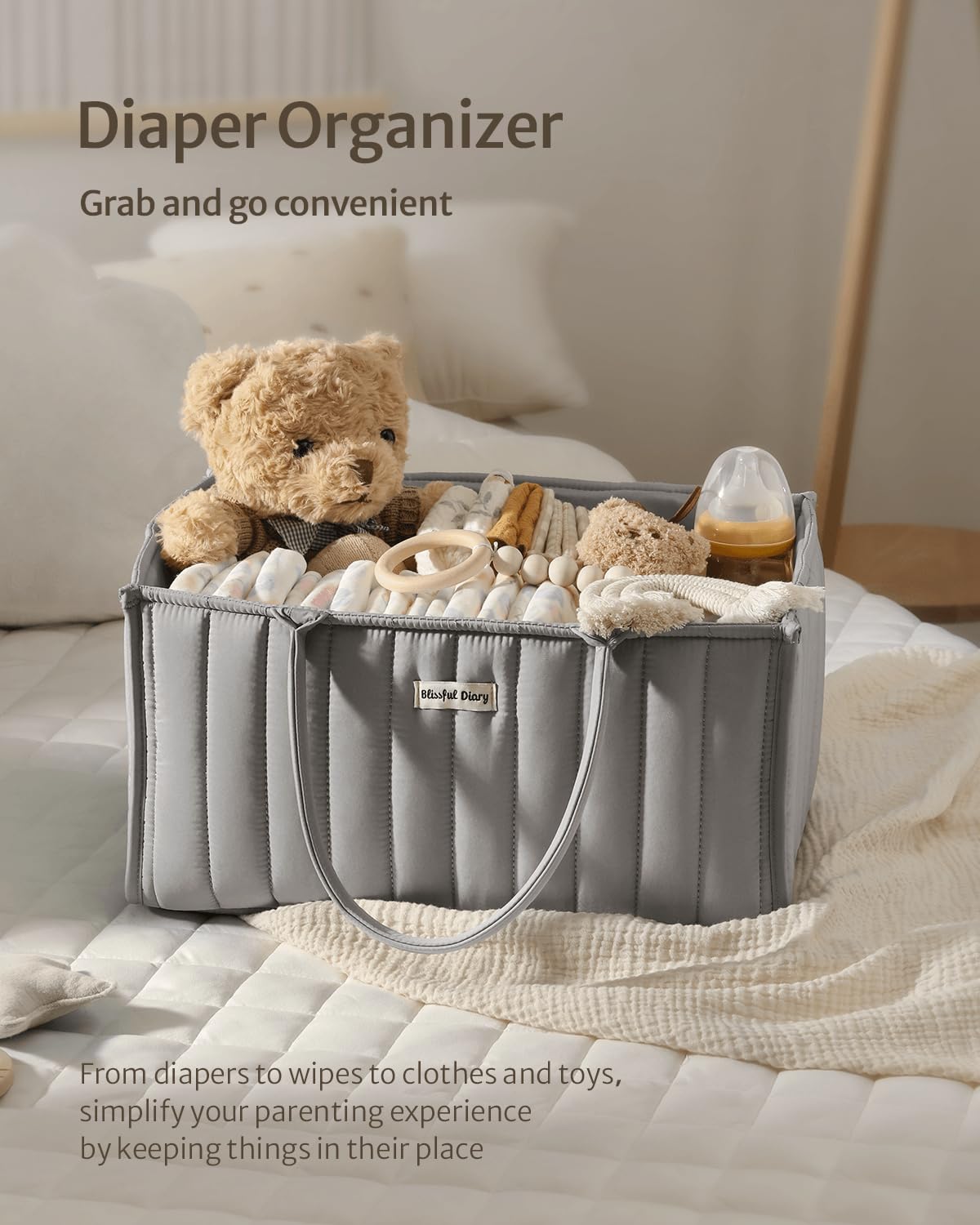 Blissful Diary diaper caddy used in nursery and bathroom for versatile organization.