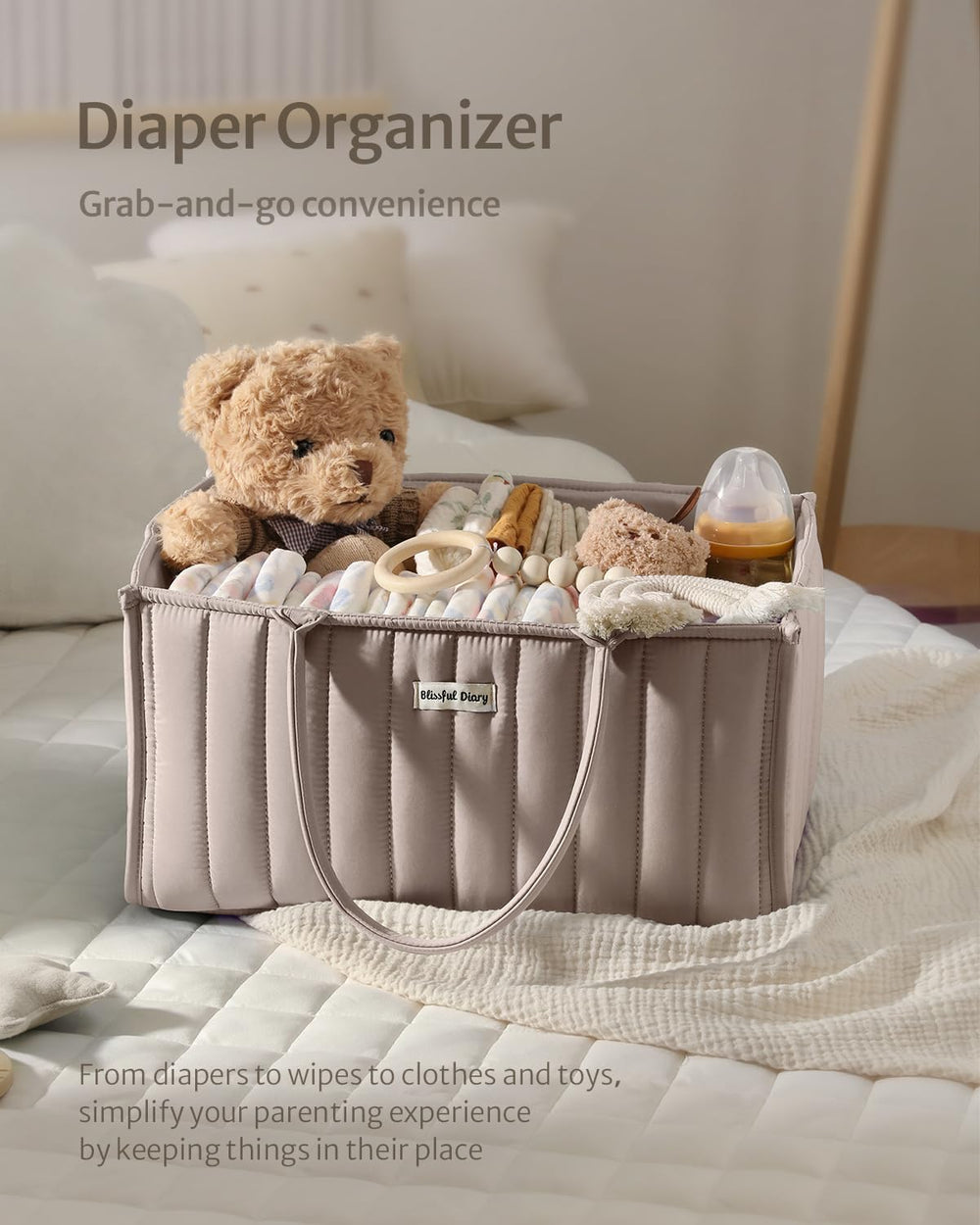 Portable diaper caddy for nursery, bathroom, living room, and car.