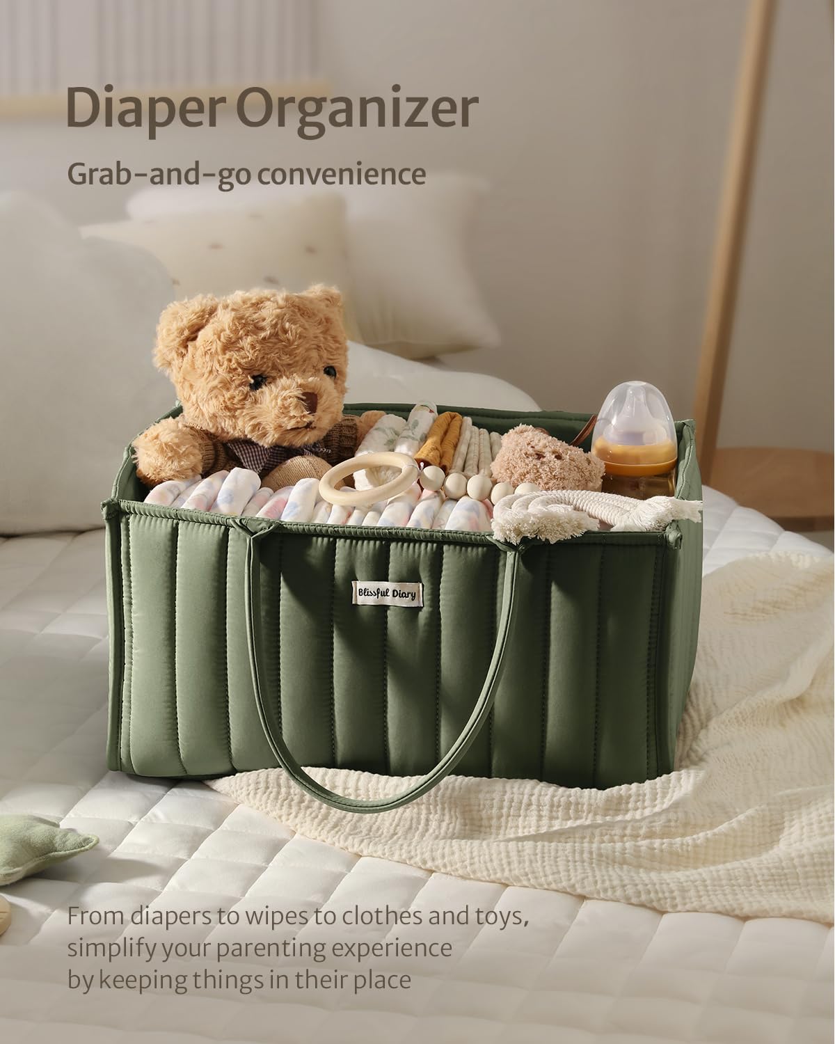 Portable Blissful Diary diaper caddy suitable for nursery, living room, and car use.