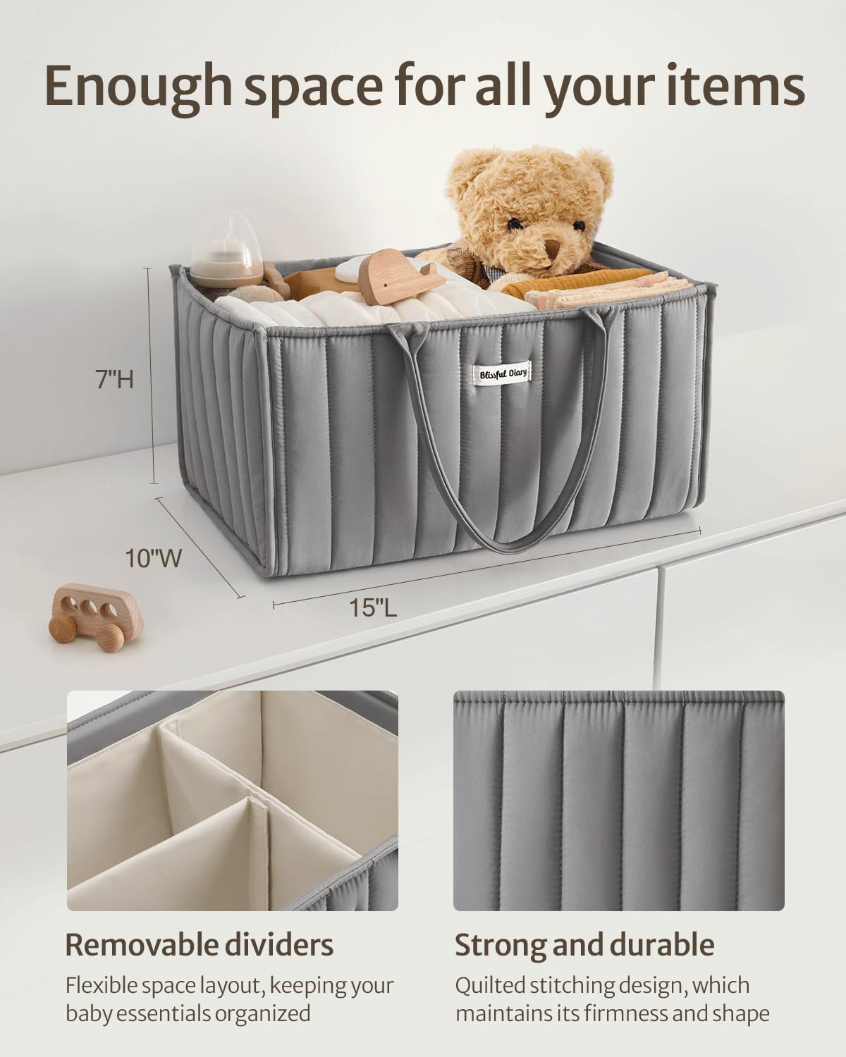 Blissful Diary diaper caddy with removable dividers adapts to changing storage needs.