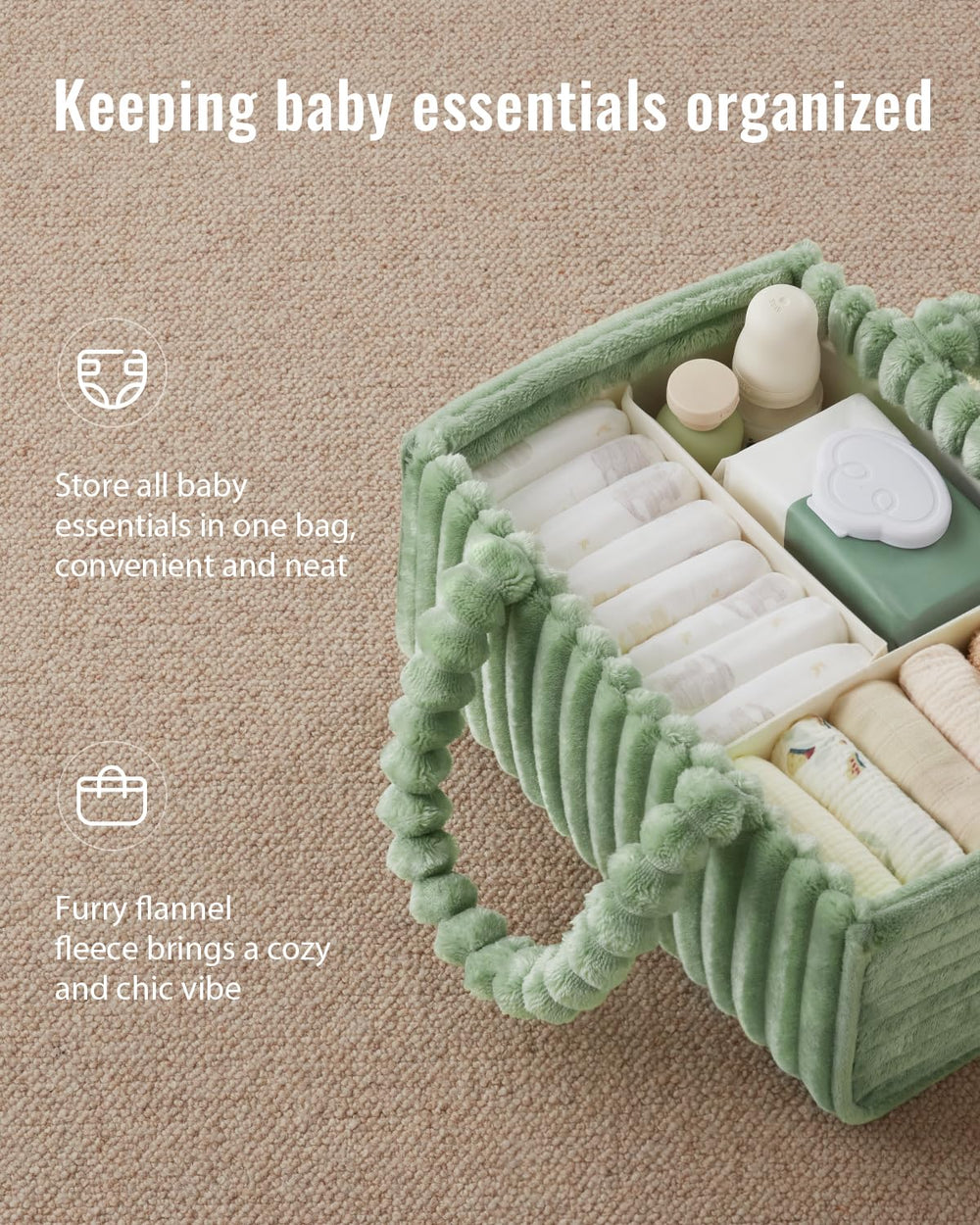 Blissful Diary 15x10x7 caddy keeps diapers, wipes, and bottles organized.
