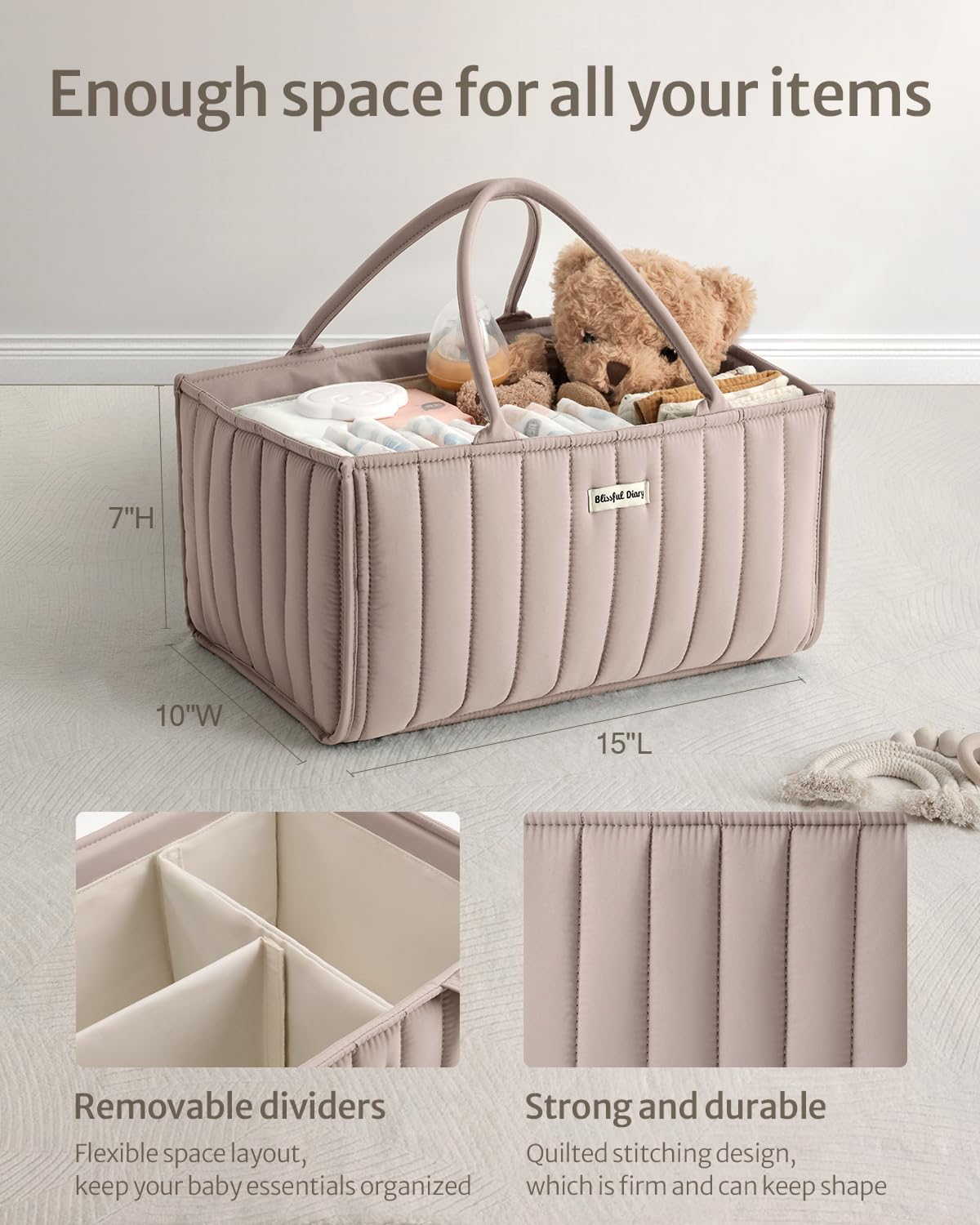 Neutral sand color Blissful Diary caddy adds elegant nursery storage.