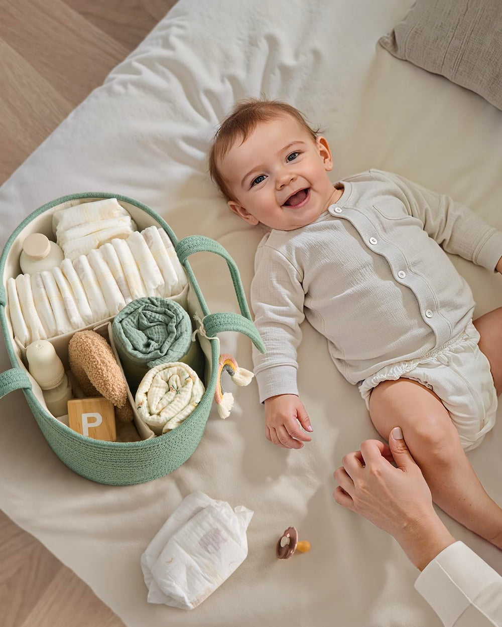 Blissful Diary diaper caddy with removable dividers for adaptable layouts