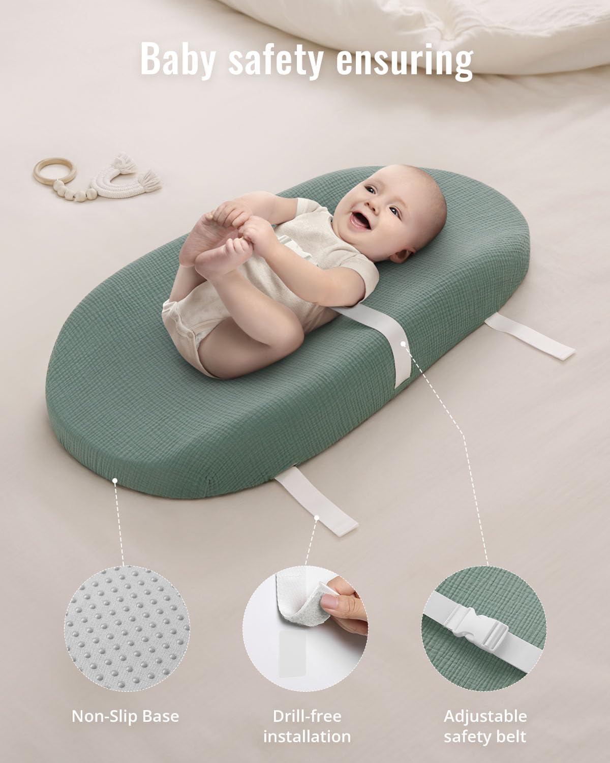 Blissful Diary changing pad measures 31.25 by 16 by 4.25 inches on a dresser.