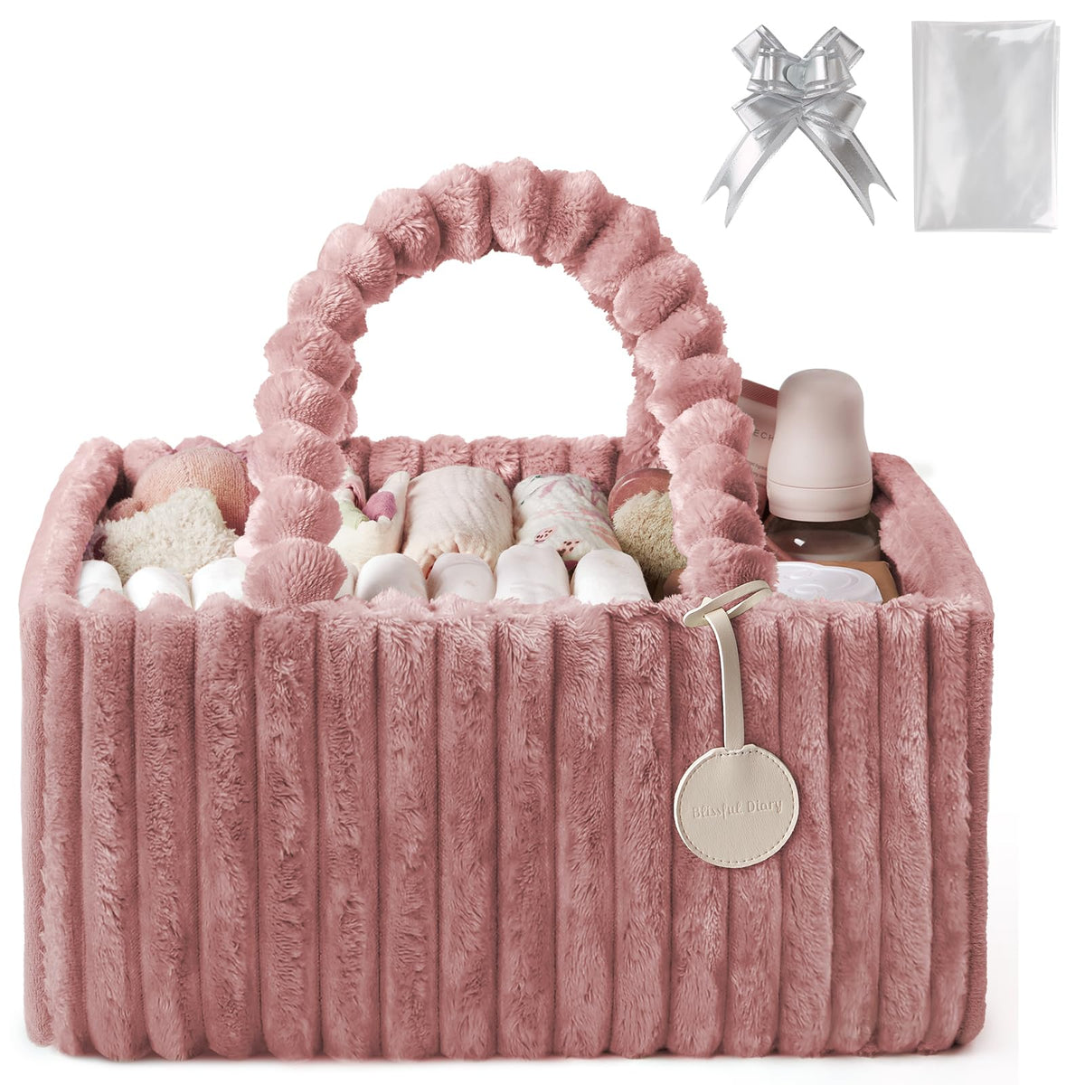 Blissful Diary flannel diaper caddy front view with plush pink nursery organizer
