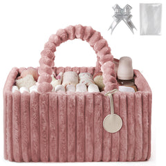 Blissful Diary flannel diaper caddy front view with plush pink nursery organizer