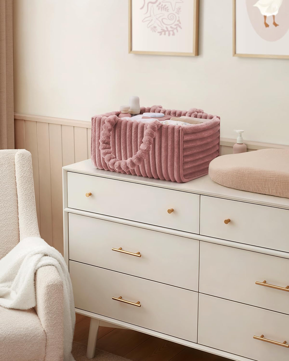 Blissful Diary flannel diaper caddy in use for diapers and toys