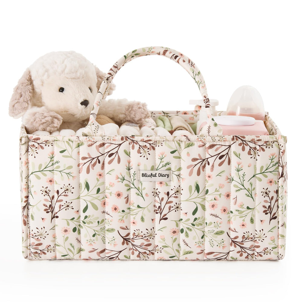 Blissful Diary floral diaper caddy organization keeping diapers, wipes, and creams neatly accessible
