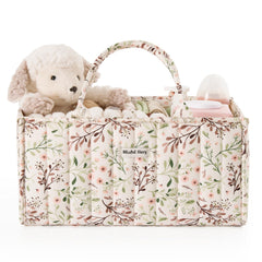 Blissful Diary floral diaper caddy organization keeping diapers, wipes, and creams neatly accessible
