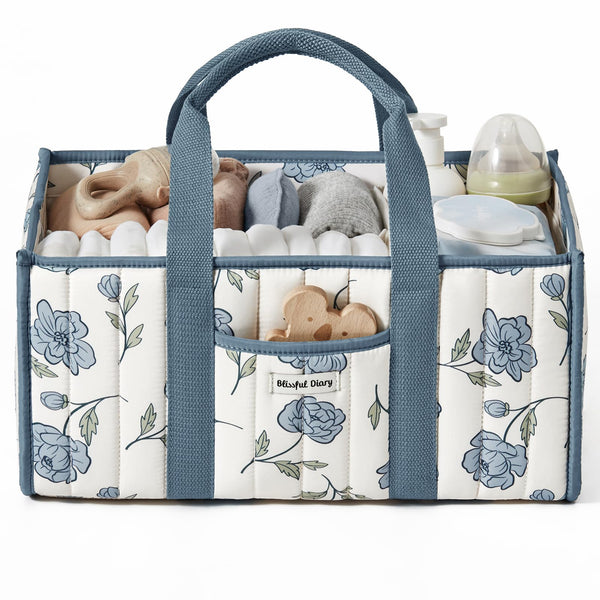 Blissful Diary floral diaper caddy organizer in blue peony for easy diaper changes.
