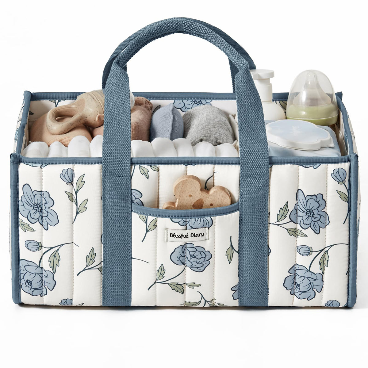 Blissful Diary floral diaper caddy organizer in blue peony for easy diaper changes.