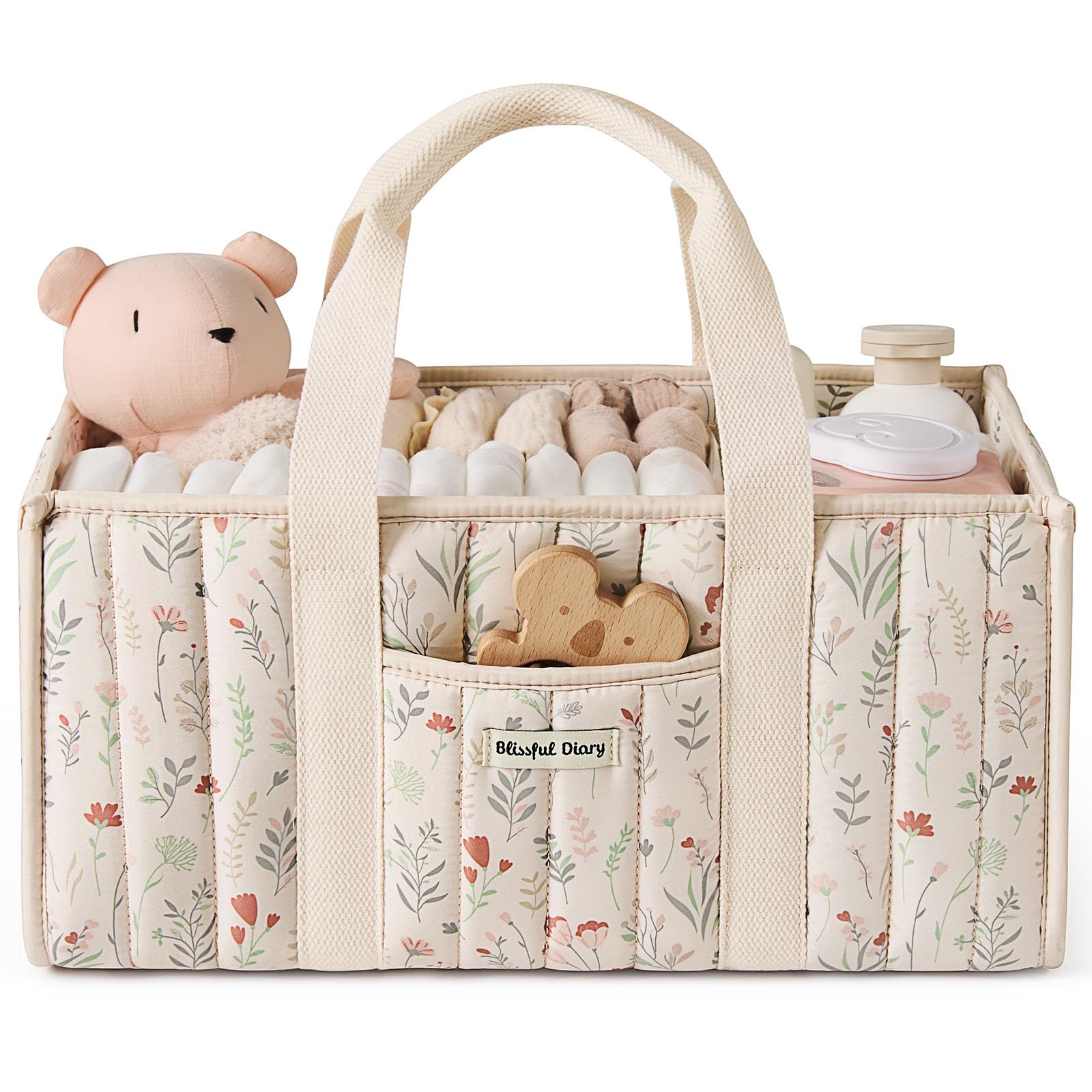 Blissful Diary floral diaper caddy organizer top view for nursery storage