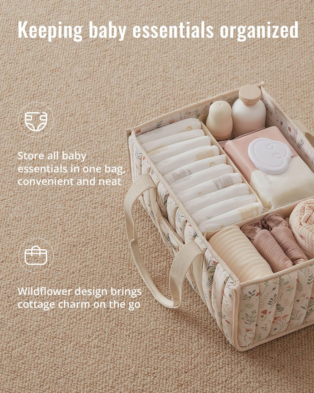Blissful Diary floral diaper caddy organizer in nursery with organized compartments