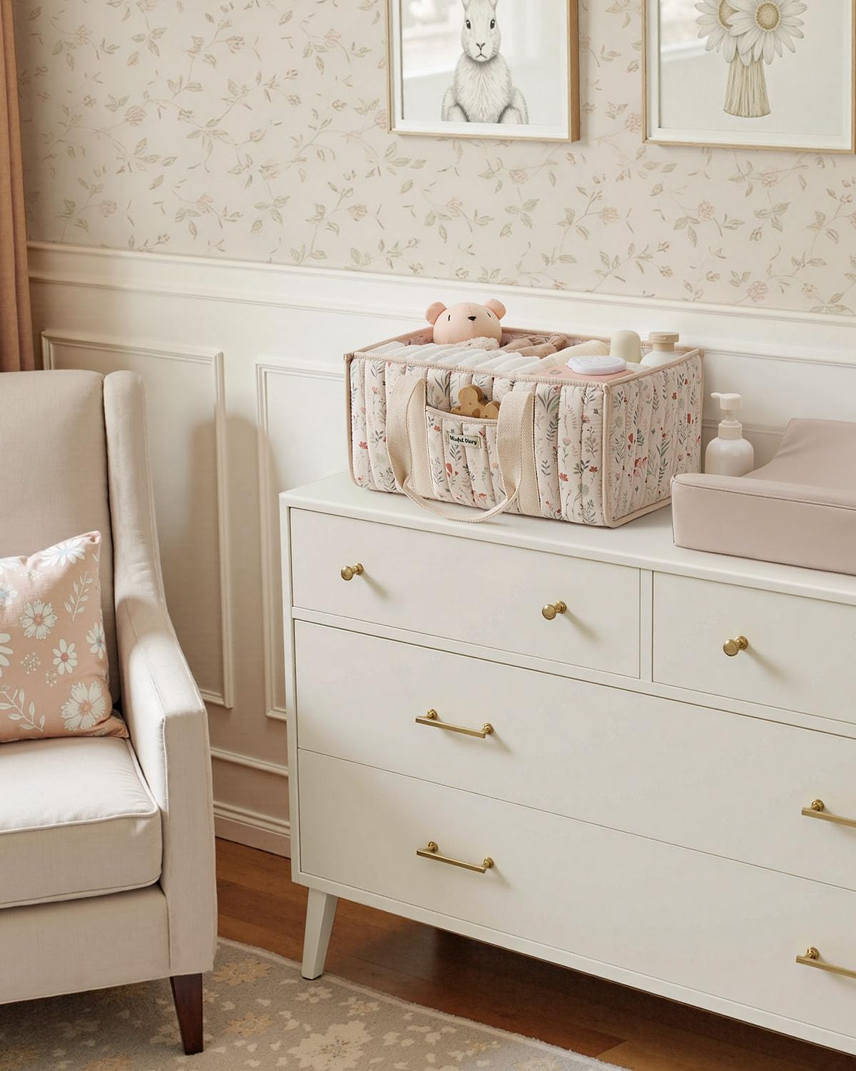 Blissful Diary floral diaper caddy organizer with outer pocket for quick-access essentials