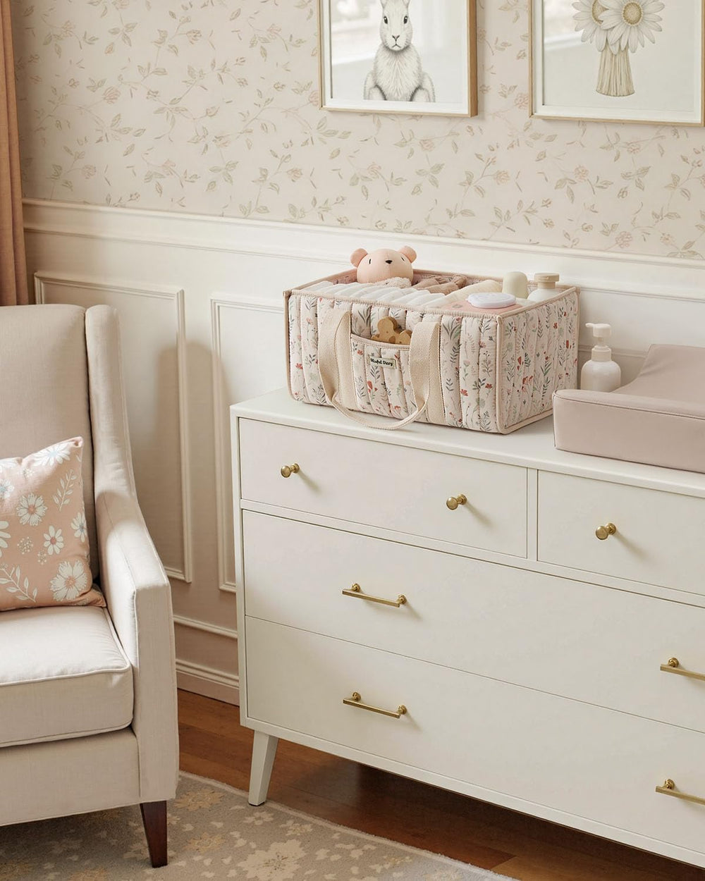 Blissful Diary floral diaper caddy organizer with outer pocket for quick-access essentials