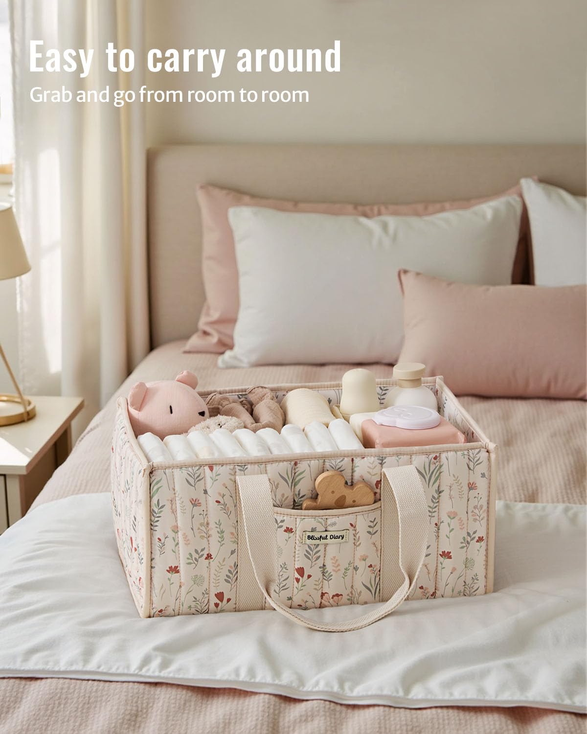 Blissful Diary floral diaper caddy organizer with removable dividers for flexible storage