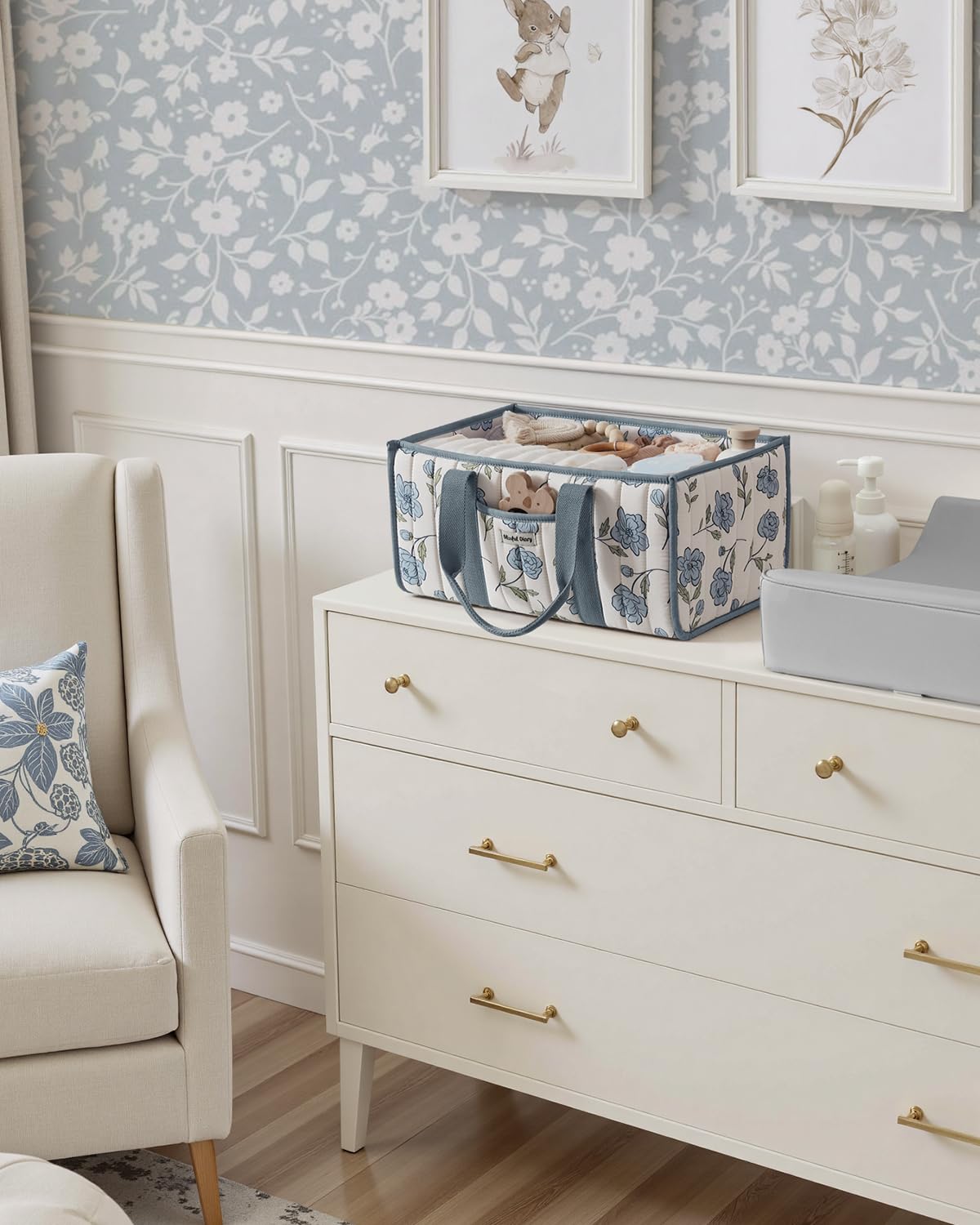 Blissful Diary floral blue peony design enhances nursery aesthetics.