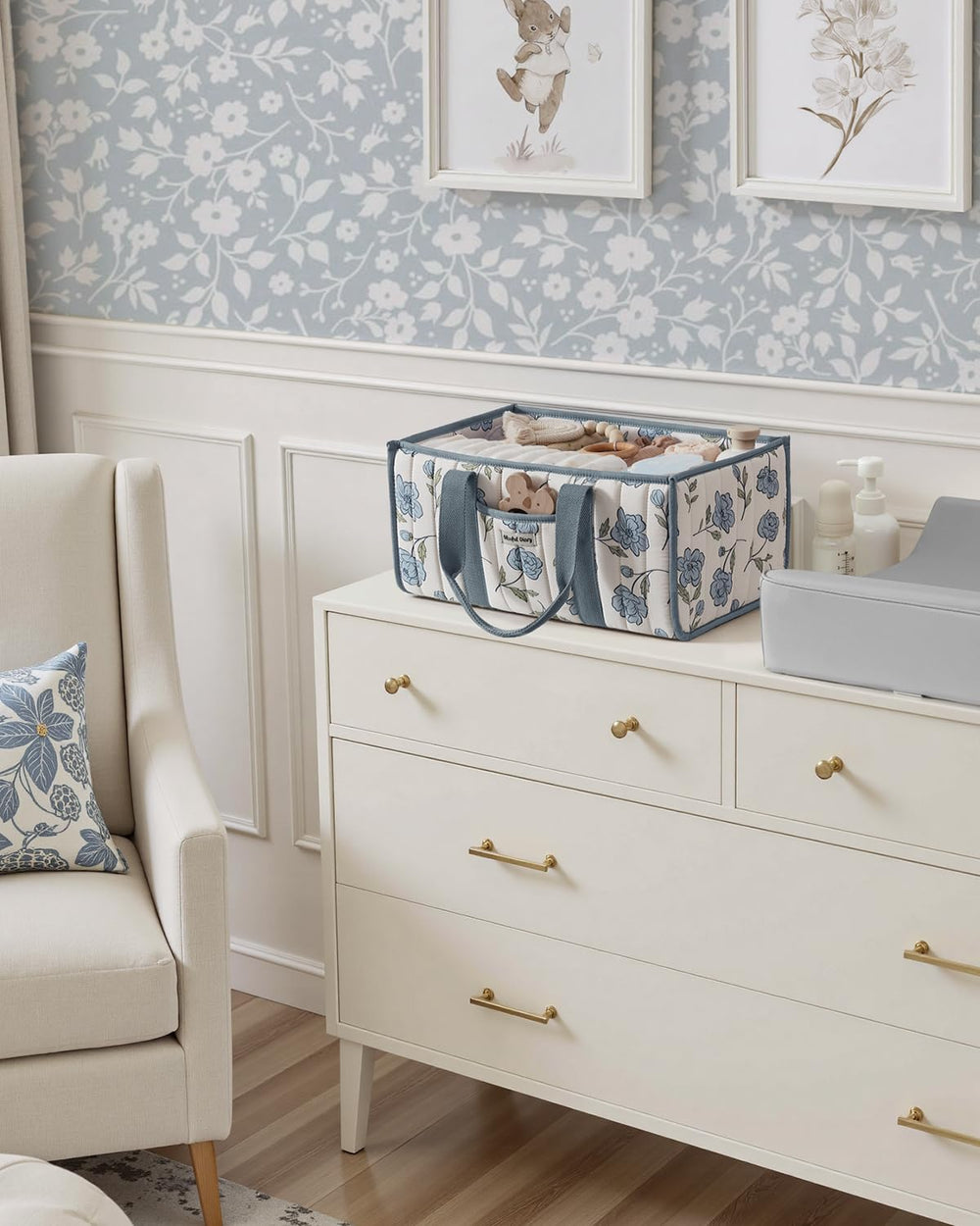 Blissful Diary floral blue peony design enhances nursery aesthetics.