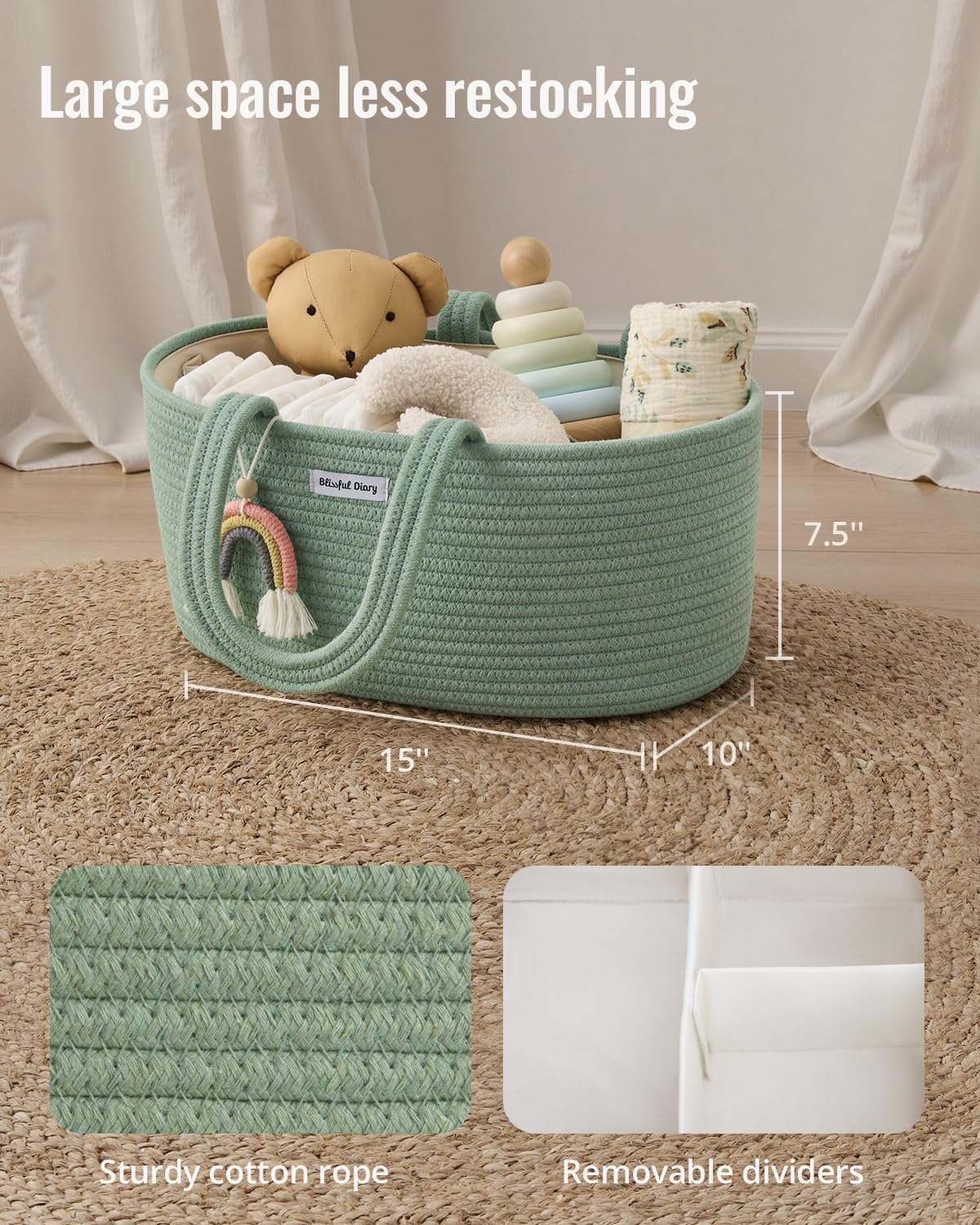 Blissful Diary green nursery storage basket with dividers for flexible organization