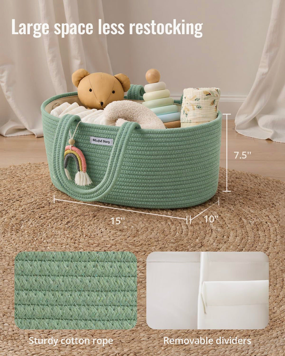 Blissful Diary green nursery storage basket with dividers for flexible organization