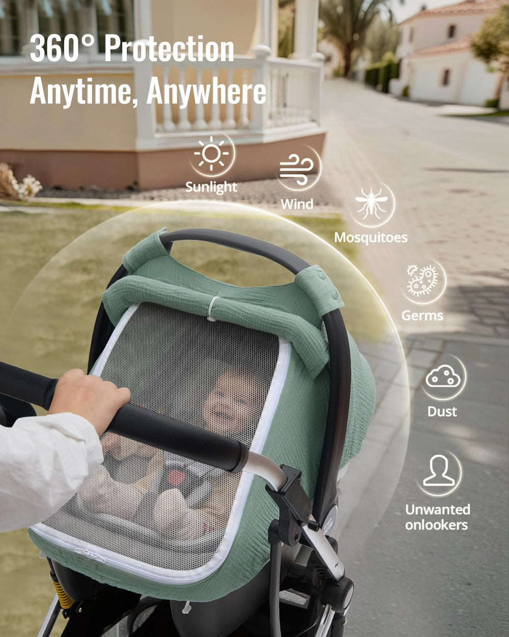 Infant windproof canopy shields sun and breeze while leaving space to breathe.