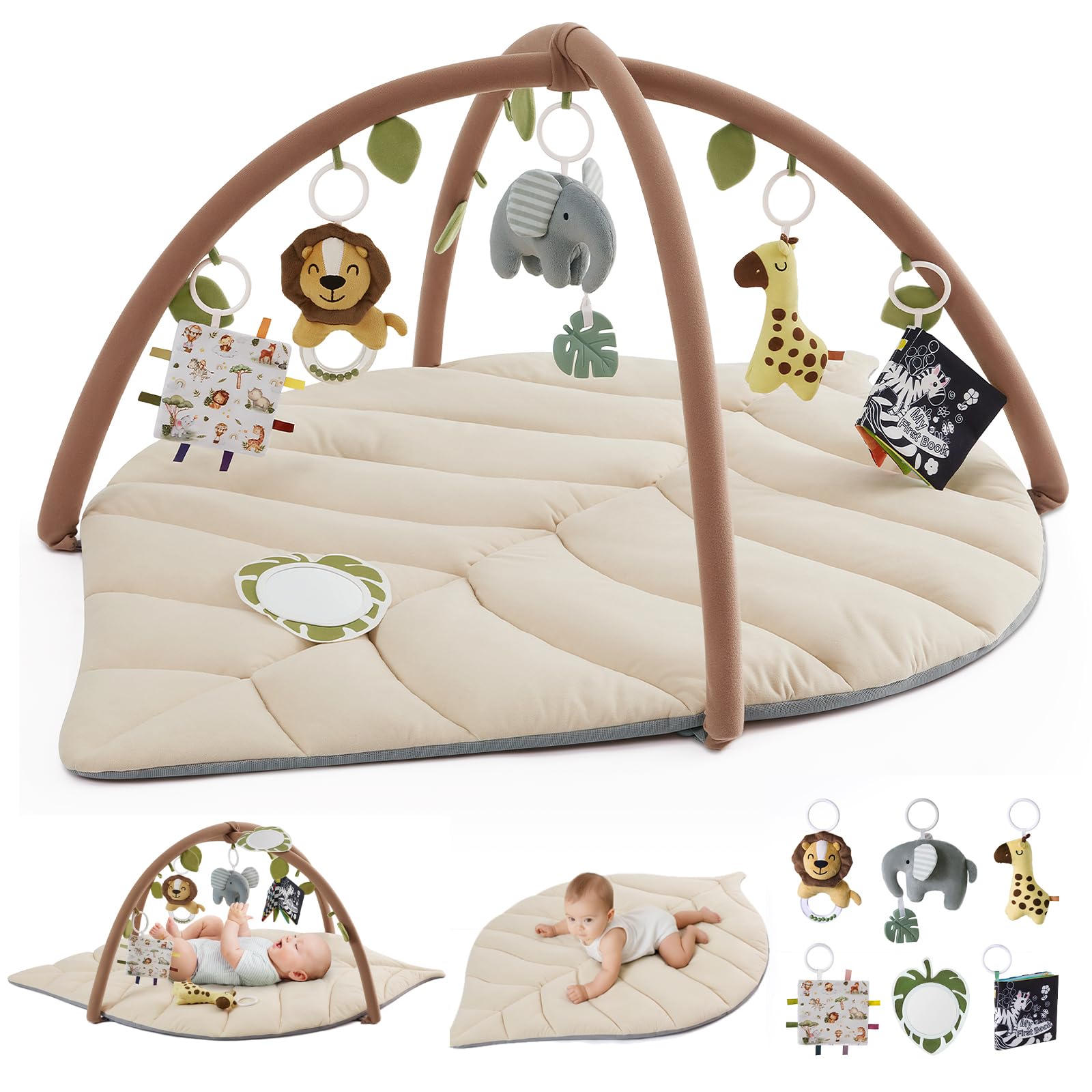 Blissful Diary leaf-shaped play mat in oatmeal beige for tummy time and sensory exploration.